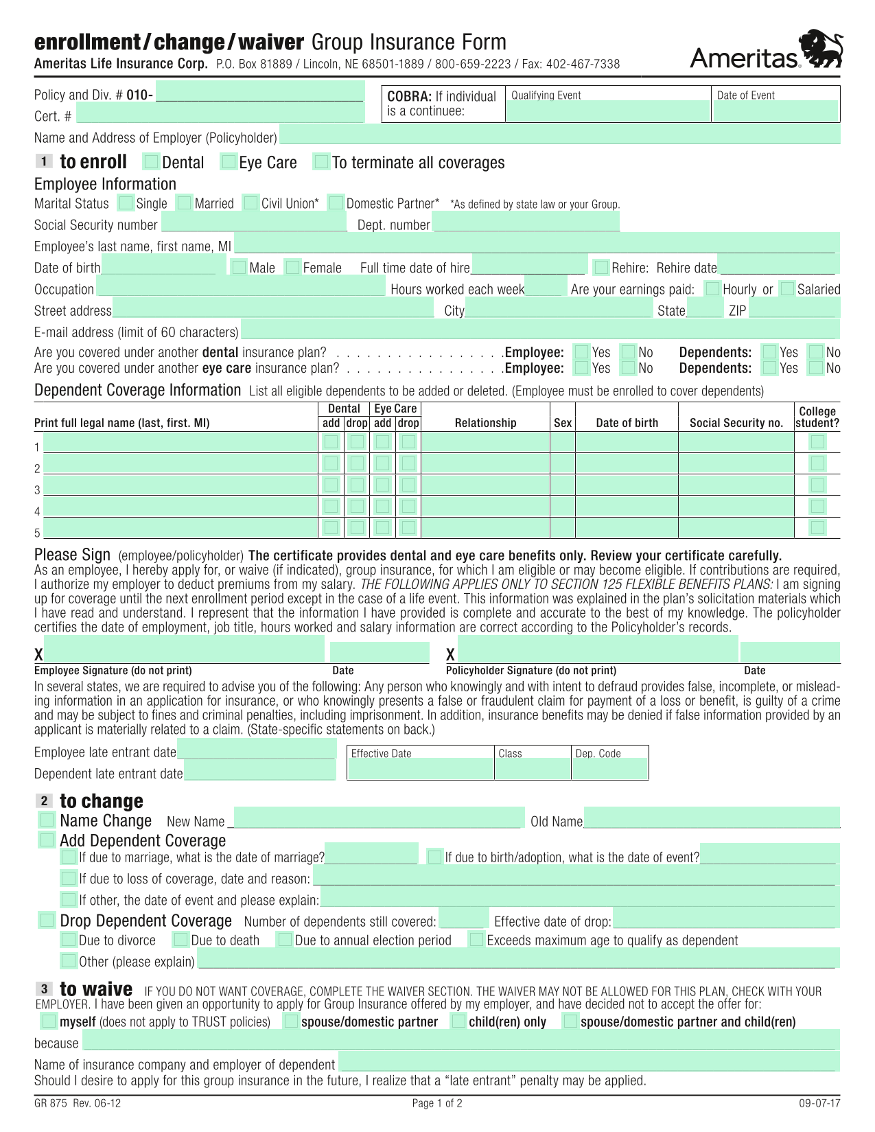 Enrollment  Change  Waiver Group Insurance Form screenshot