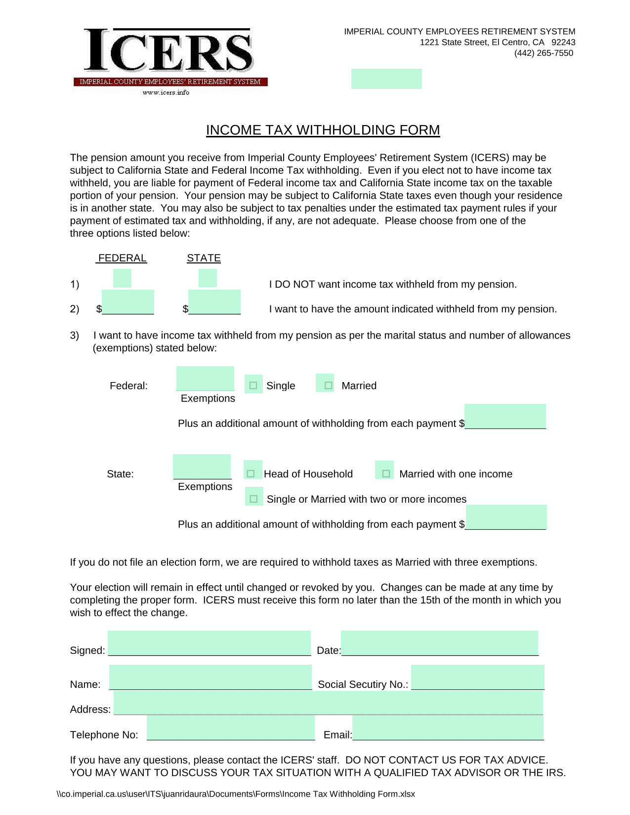 Income Tax Withholding Form screenshot