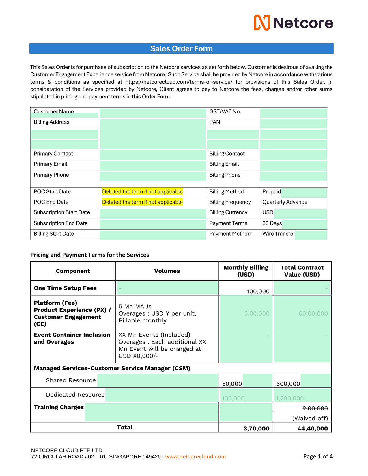 Sales Order Form screenshot