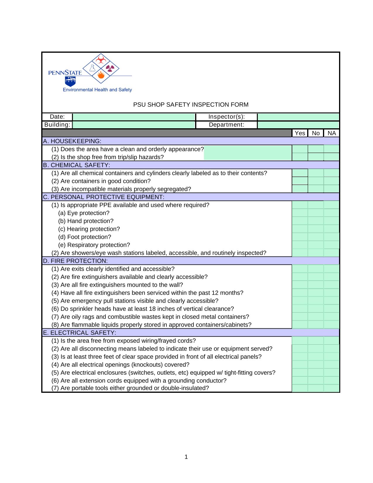 PSU SHOP SAFETY INSPECTION FORM screenshot