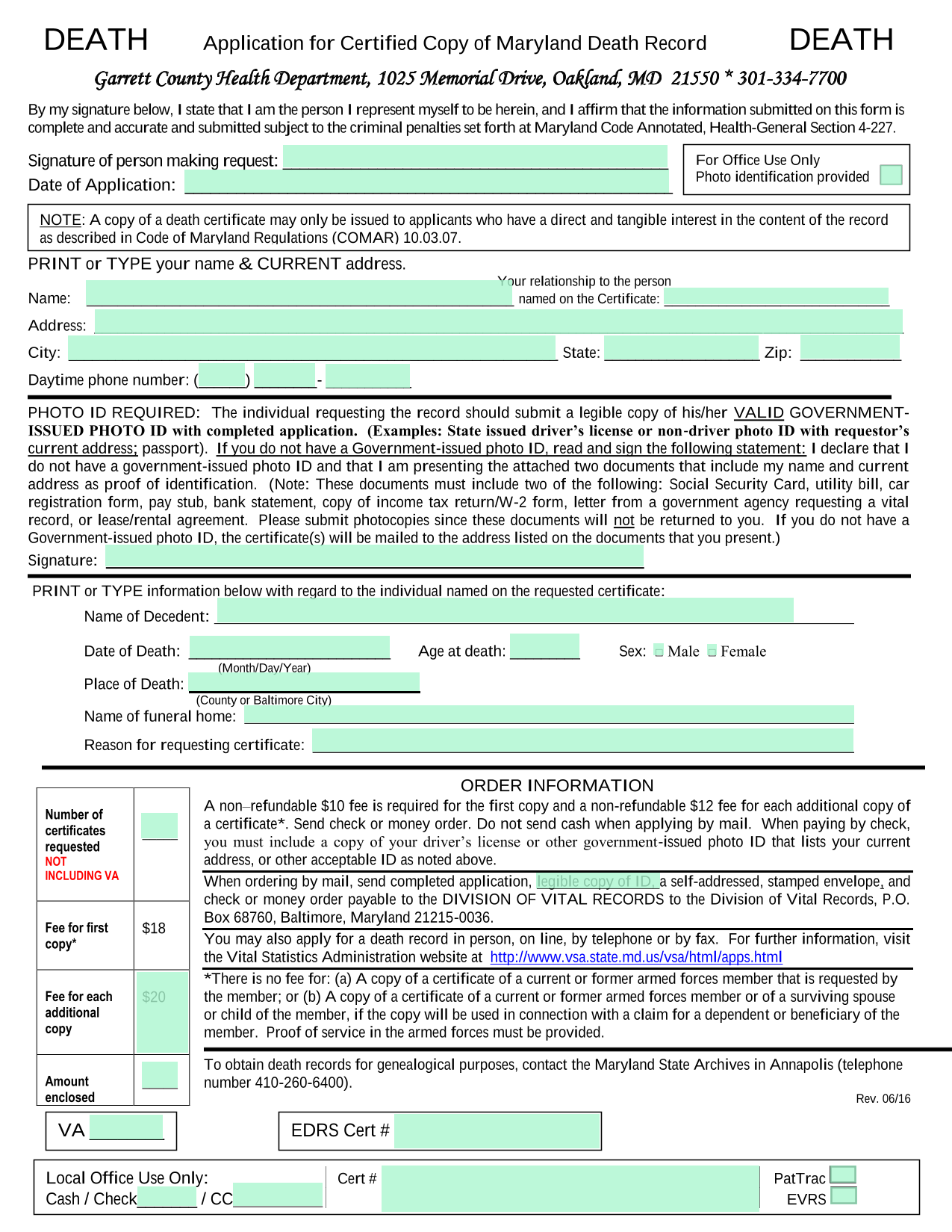Application For Certified Copy Of Maryland Death Record screenshot