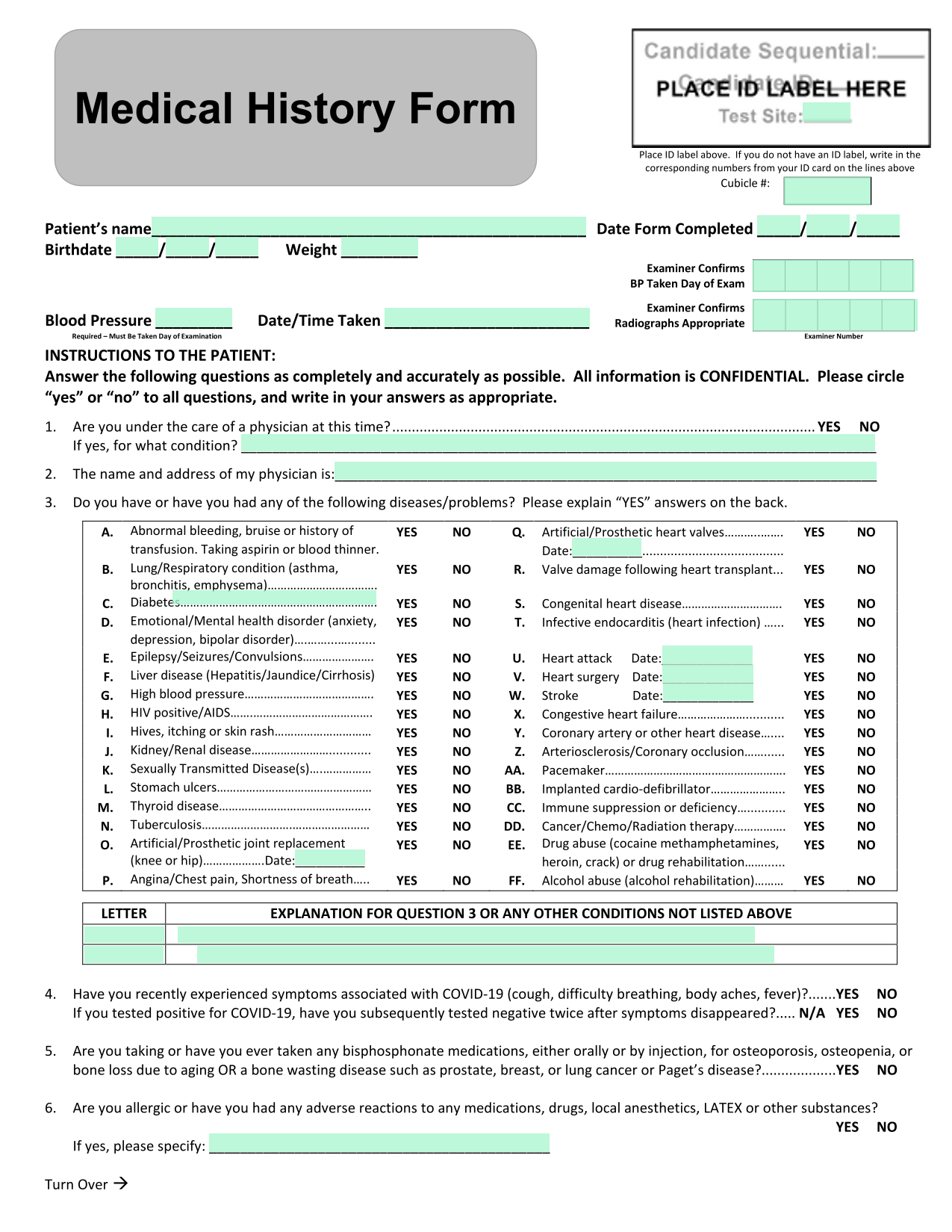Medical History Form screenshot