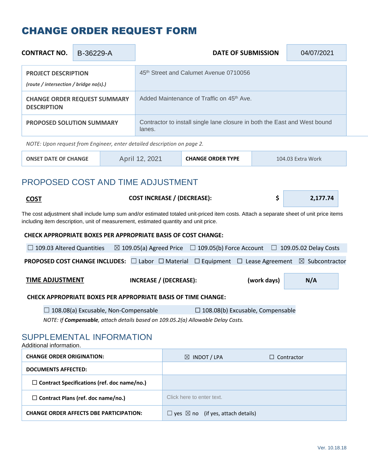 CHANGE ORDER REQUEST FORM screenshot