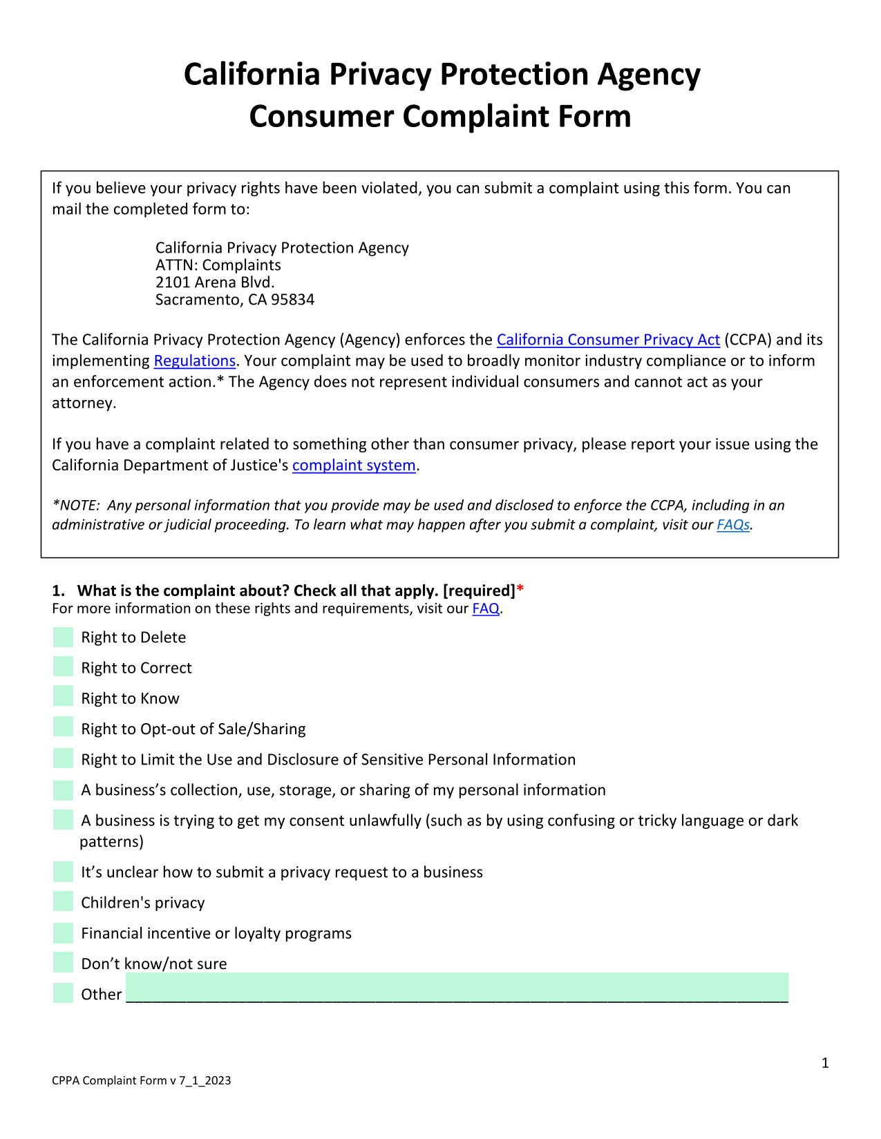Consumer Complaint Form screenshot