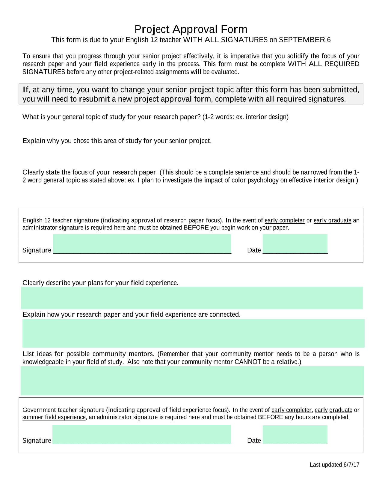 Project Approval Form screenshot