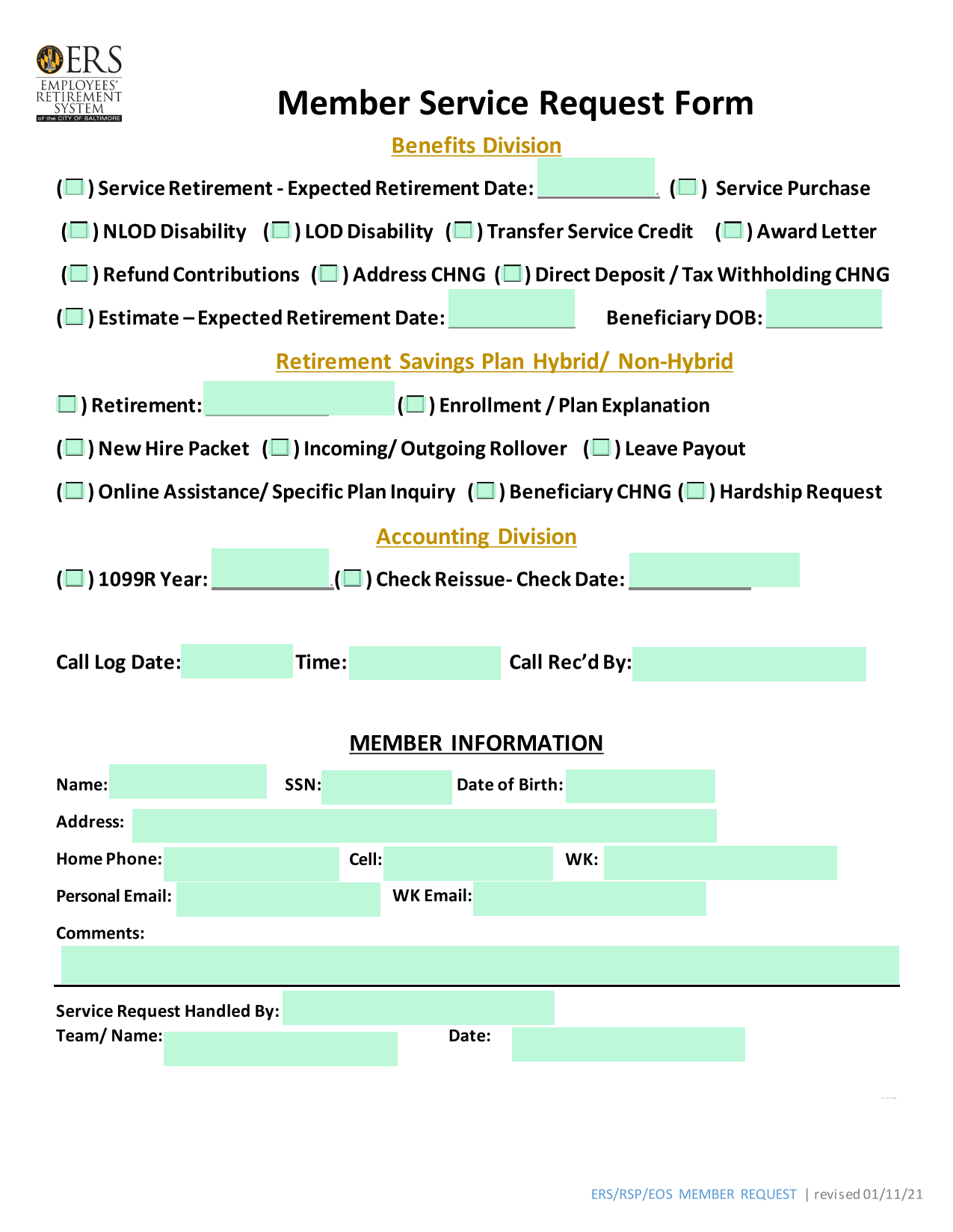 Member Service Request Form screenshot