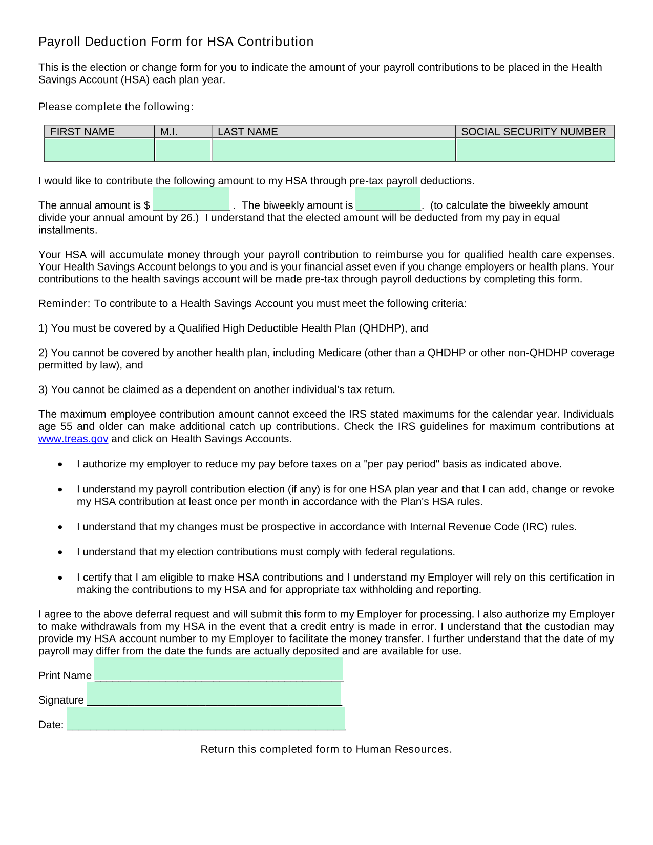 Payroll Deduction Form For HSA Contribution screenshot