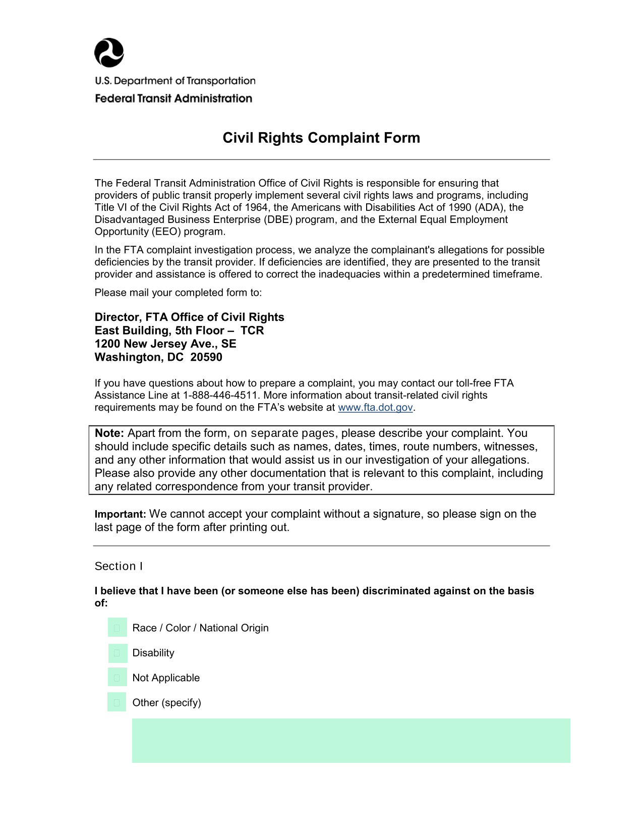 Civil Rights Complaint Form screenshot