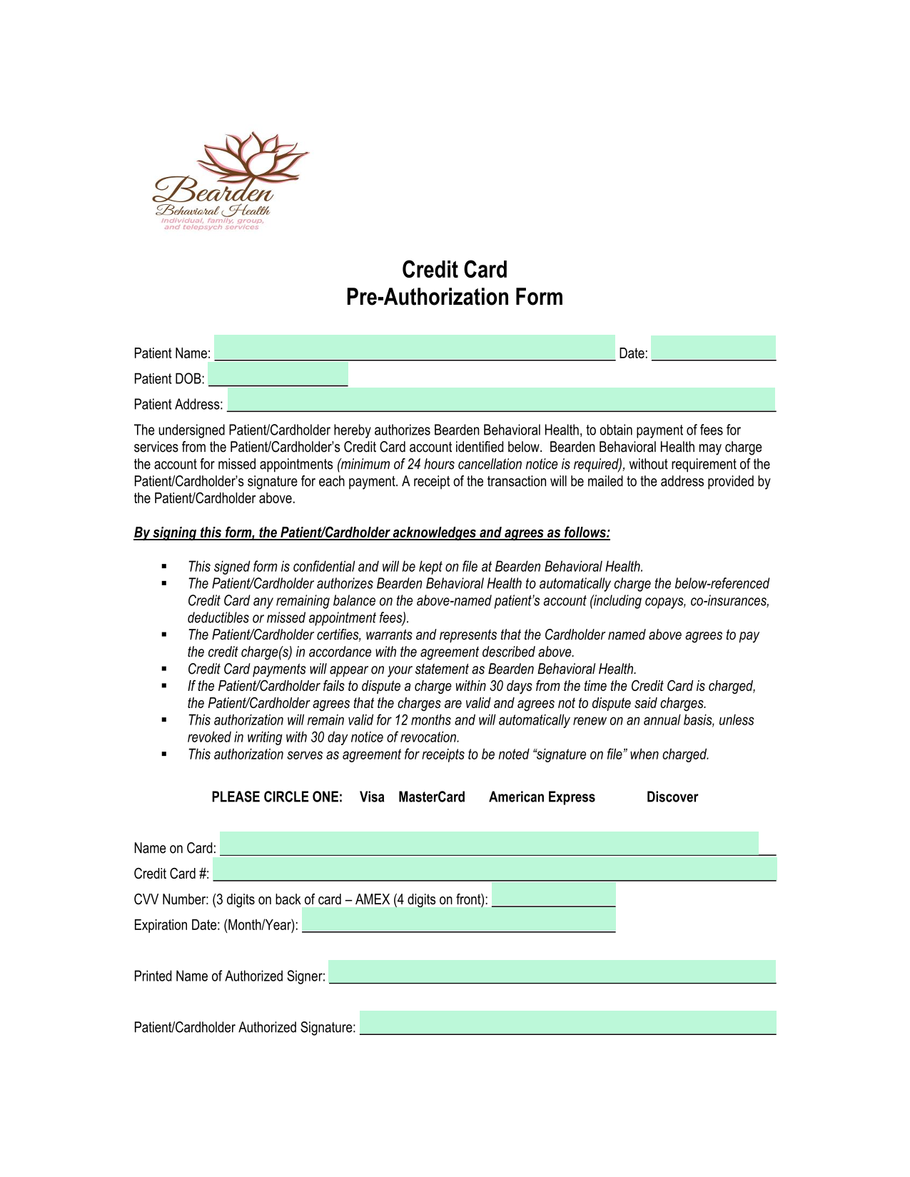 Credit Card Pre Authorization Form screenshot
