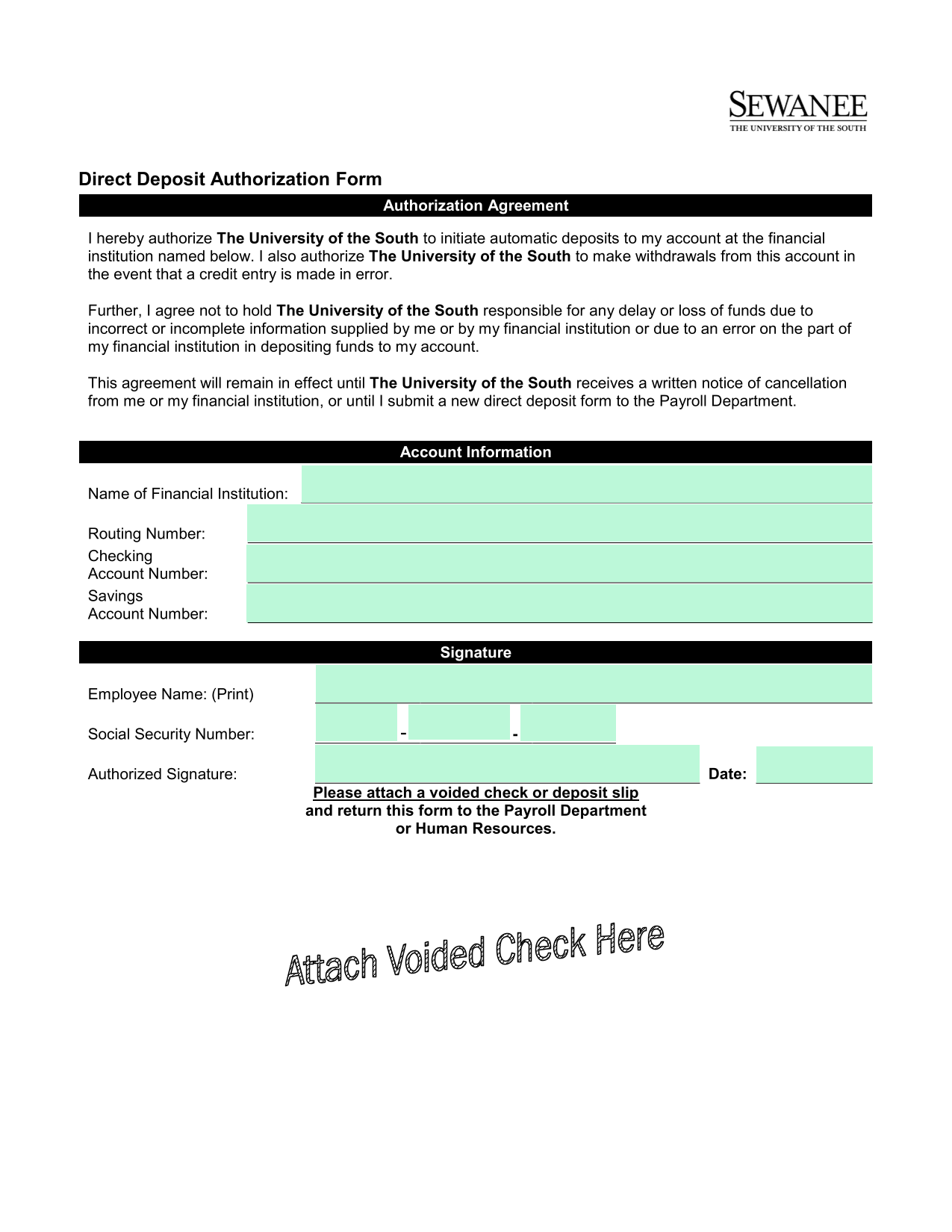 Direct Deposit Authorization Form screenshot