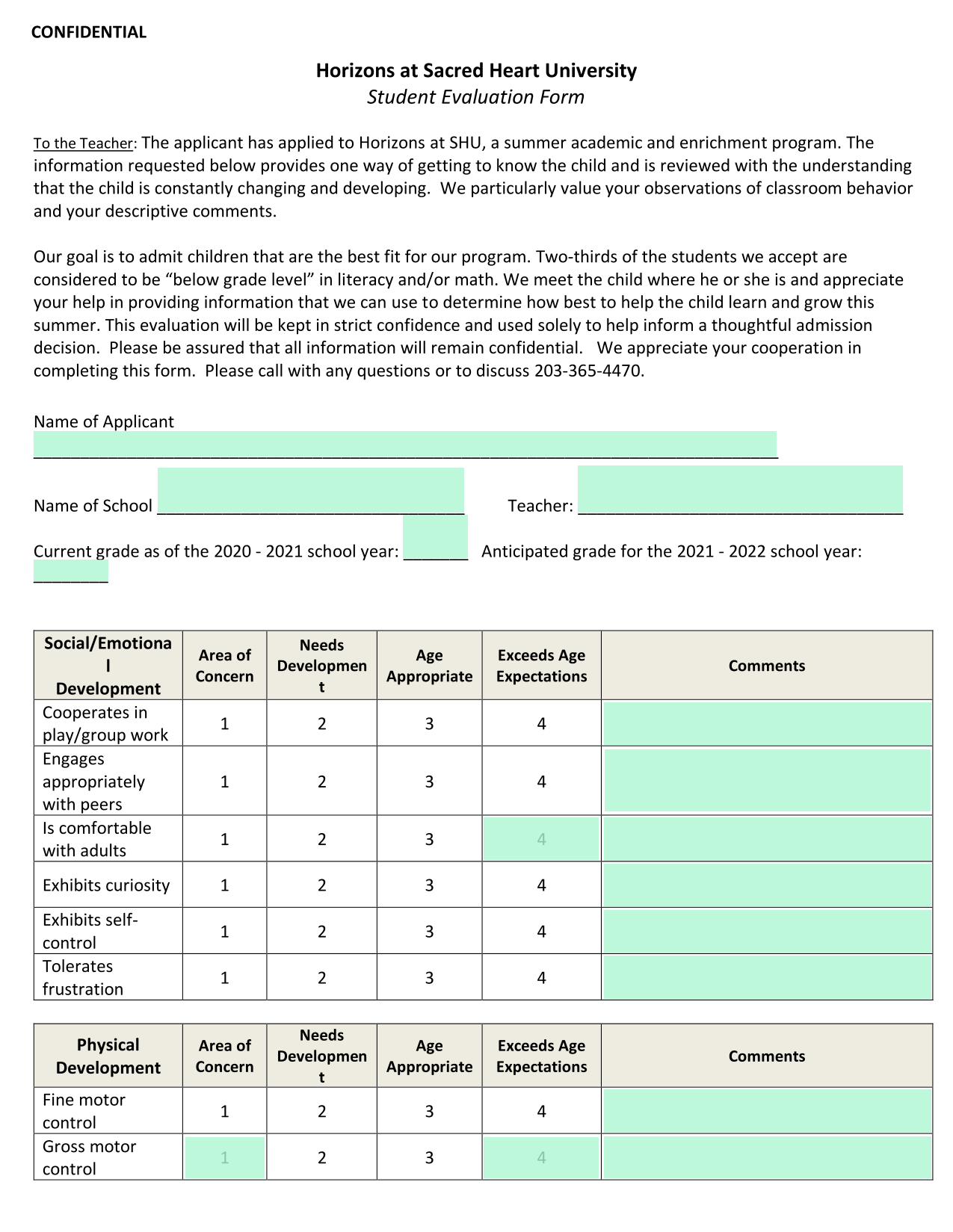 Student Evaluation Form screenshot