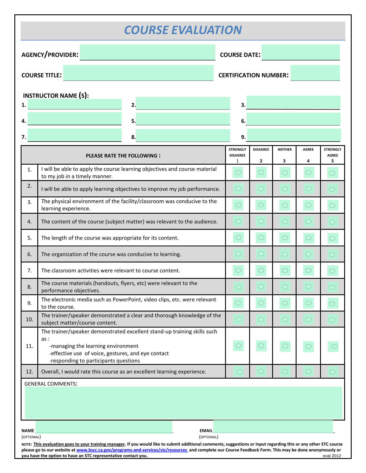 Course Evaluation Form screenshot