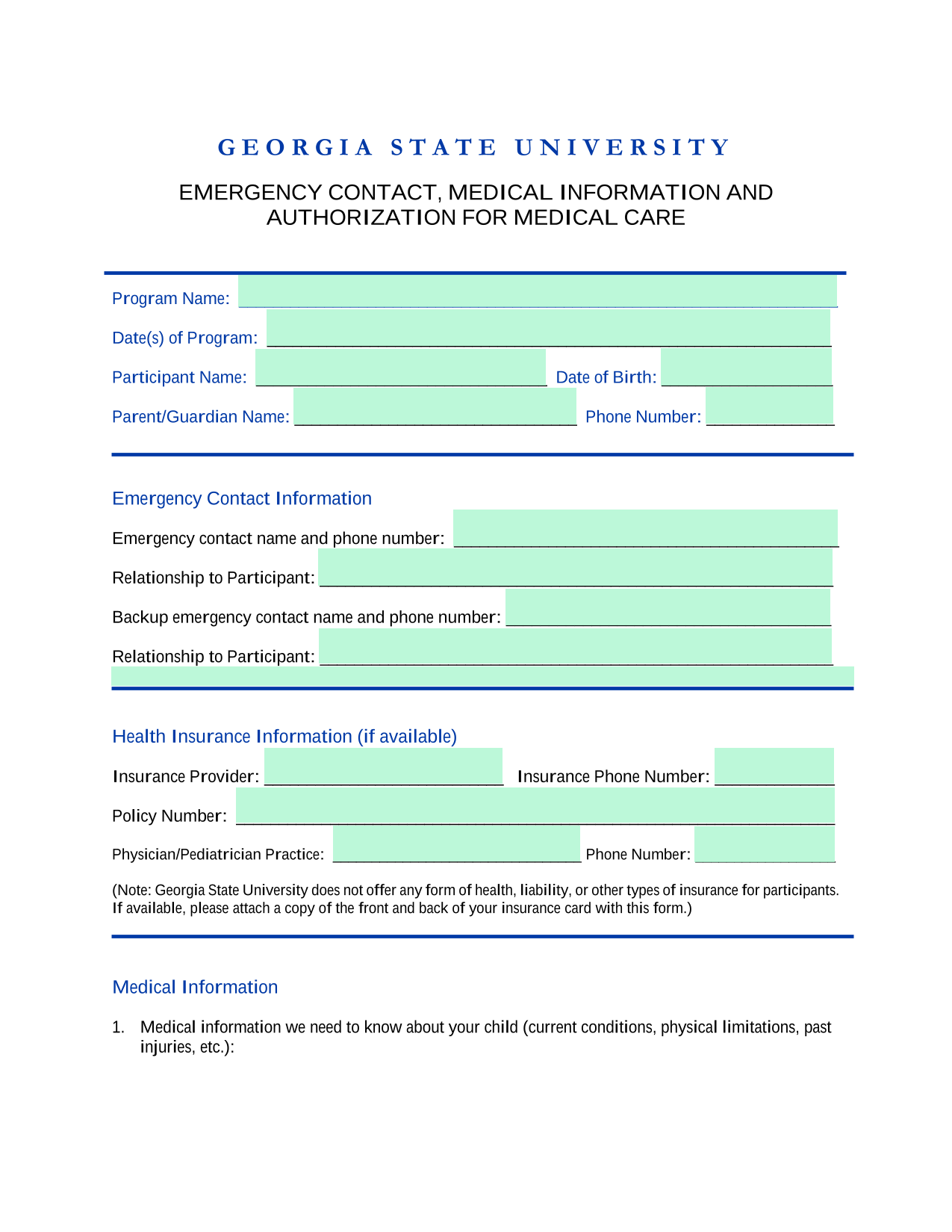 Emergency Contact, Medical Information And Authorization For Medical Care screenshot