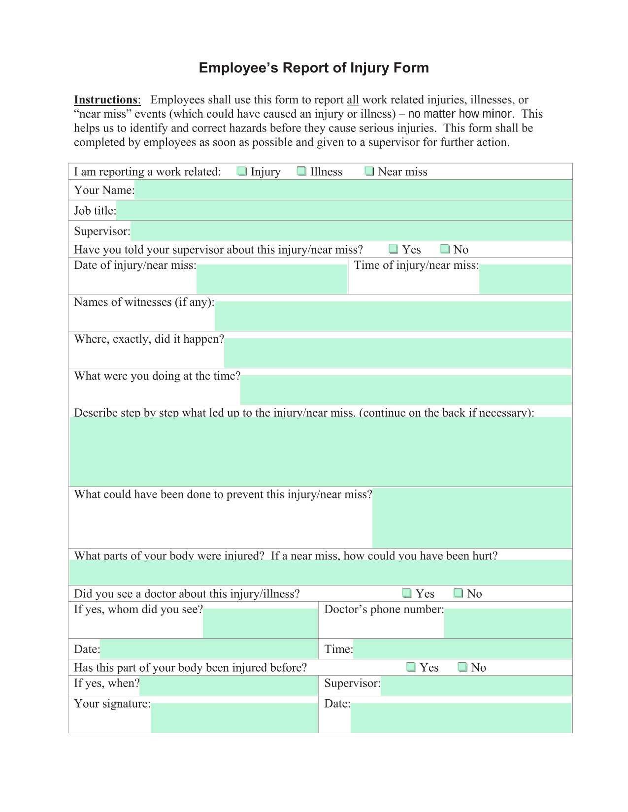 EmployeeS Report Of Injury Form screenshot