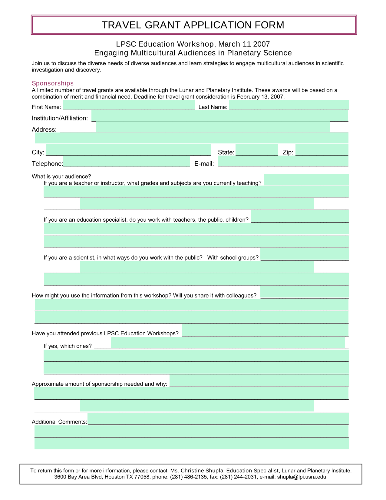 TRAVEL GRANT APPLICATION FORM screenshot
