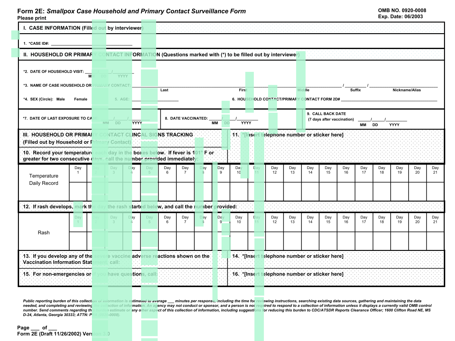 Form 2E Smallpox Case Household And Primary Contact Surveillance Form screenshot