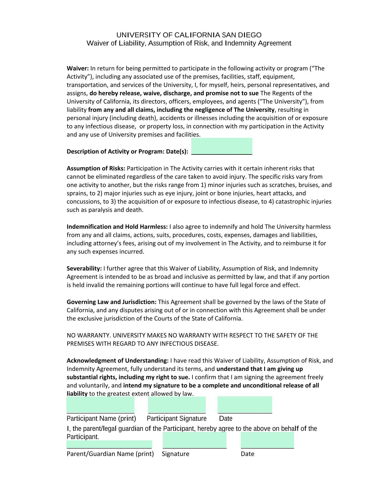 Waiver Of Liability, Assumption Of Risk, And Indemnity Agreement screenshot