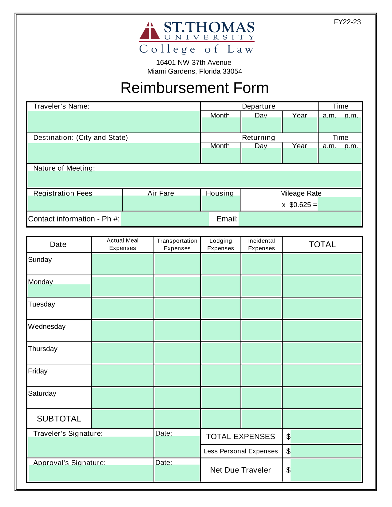 Reimbursement Form screenshot