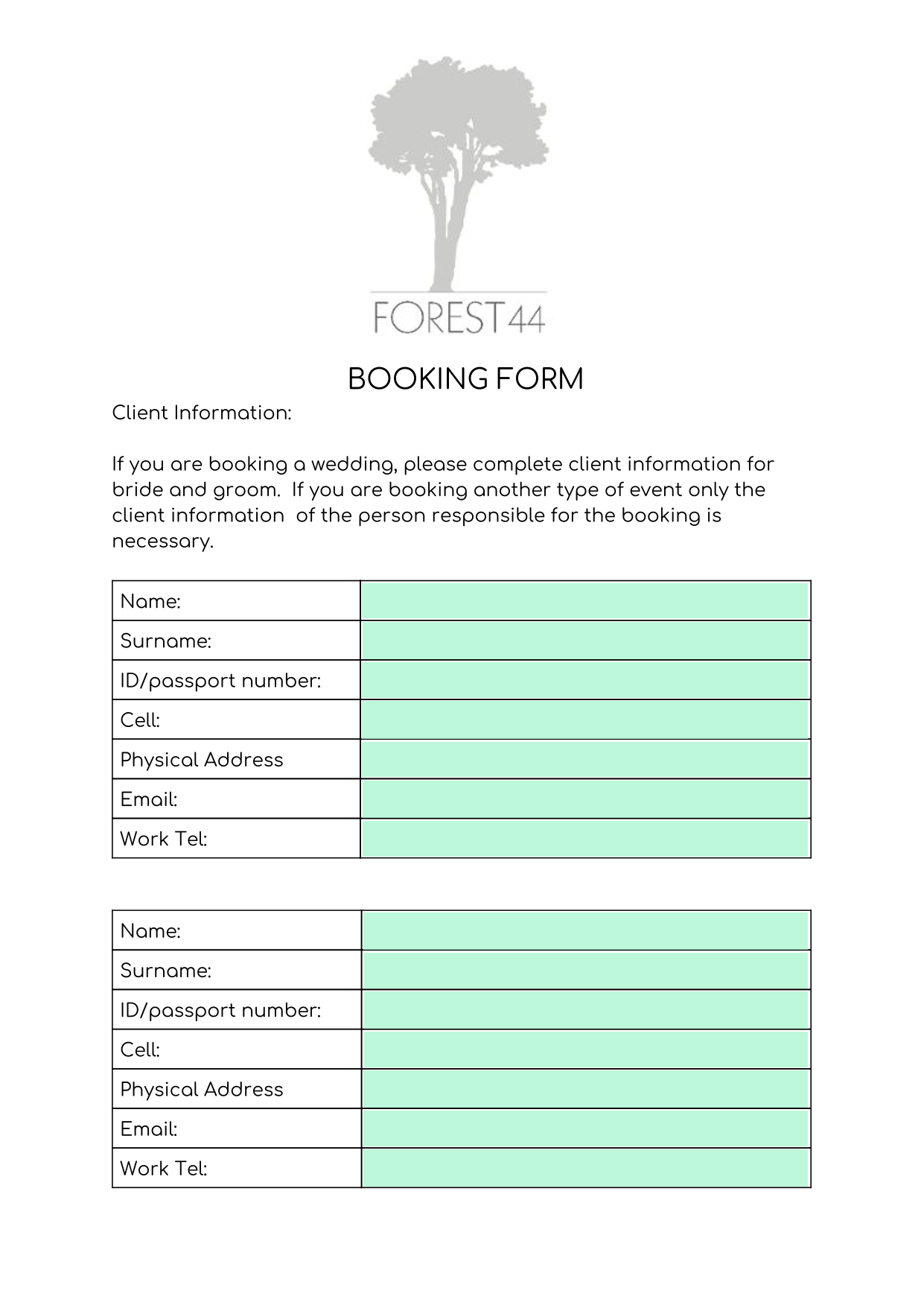 BOOKING FORM screenshot