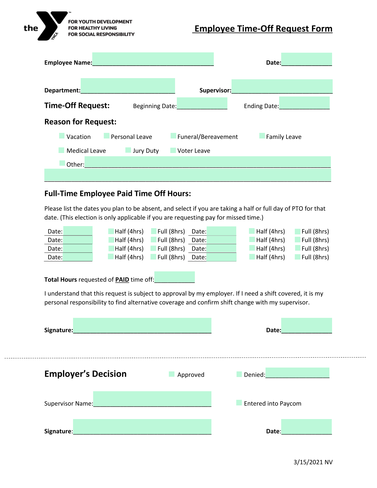 Employee Time Off Request Form screenshot