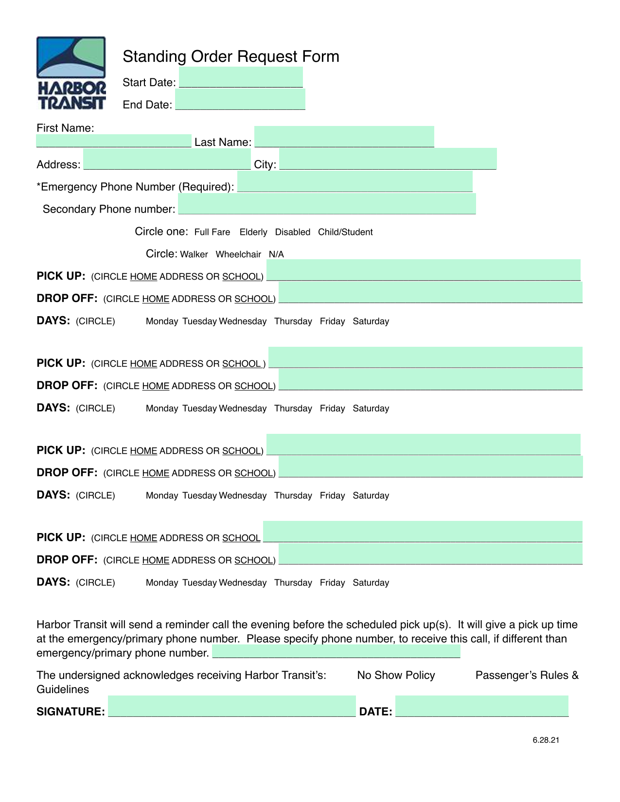 Standing Order Request Form screenshot