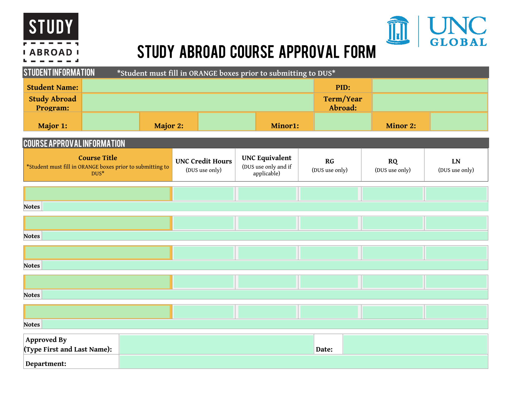 Study Abroad Course Approval Form screenshot