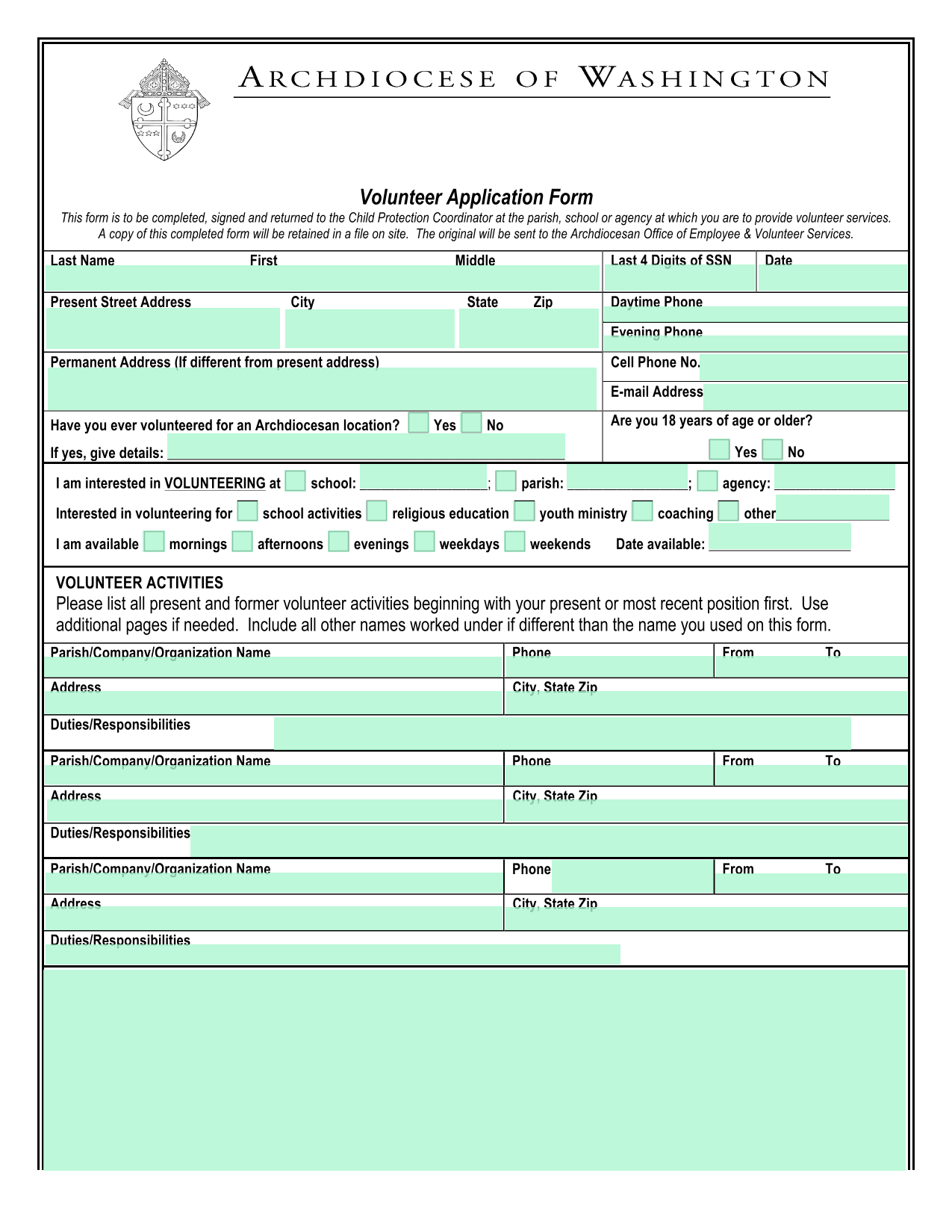 Volunteer Application Form screenshot