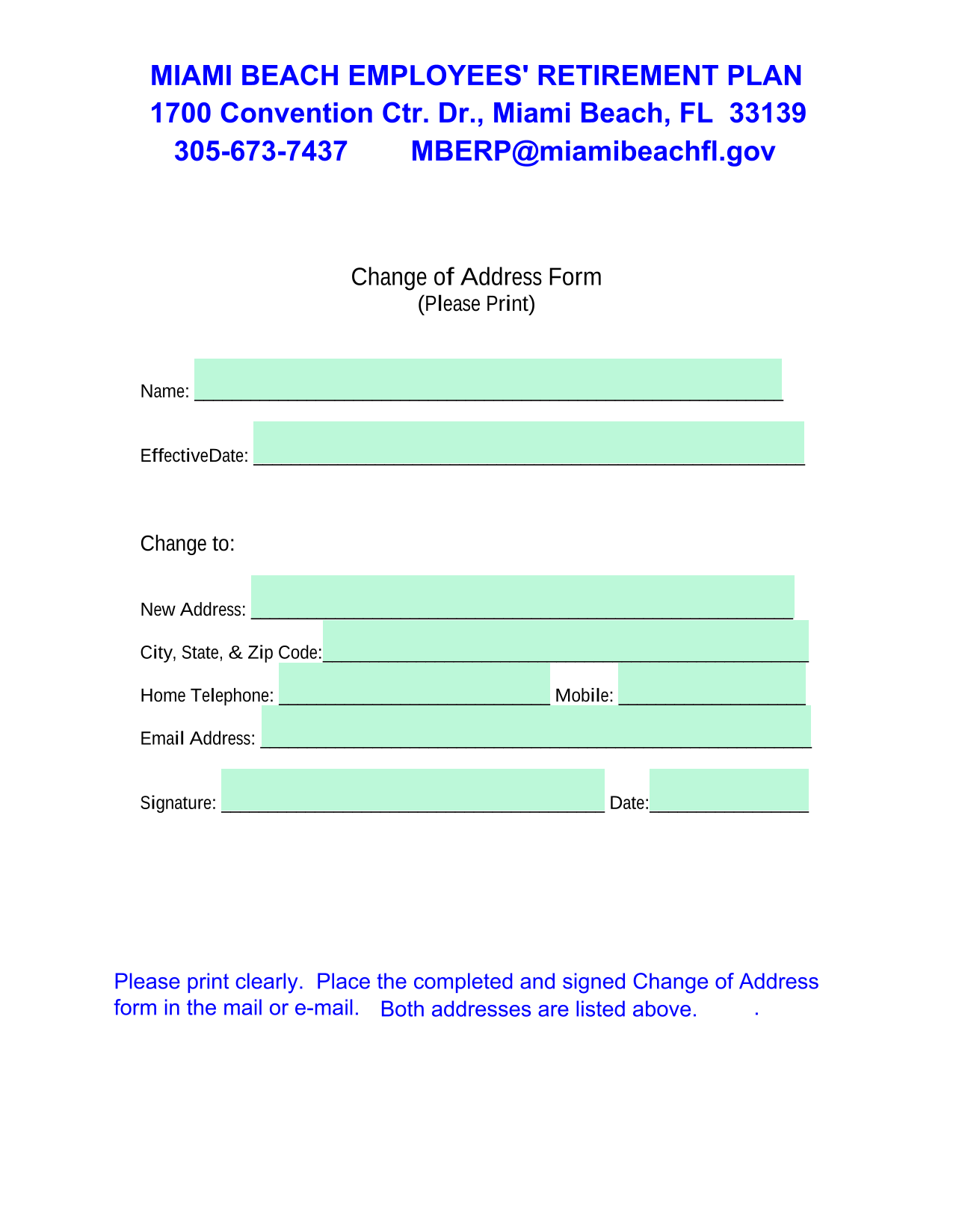 Change Of Address Form screenshot