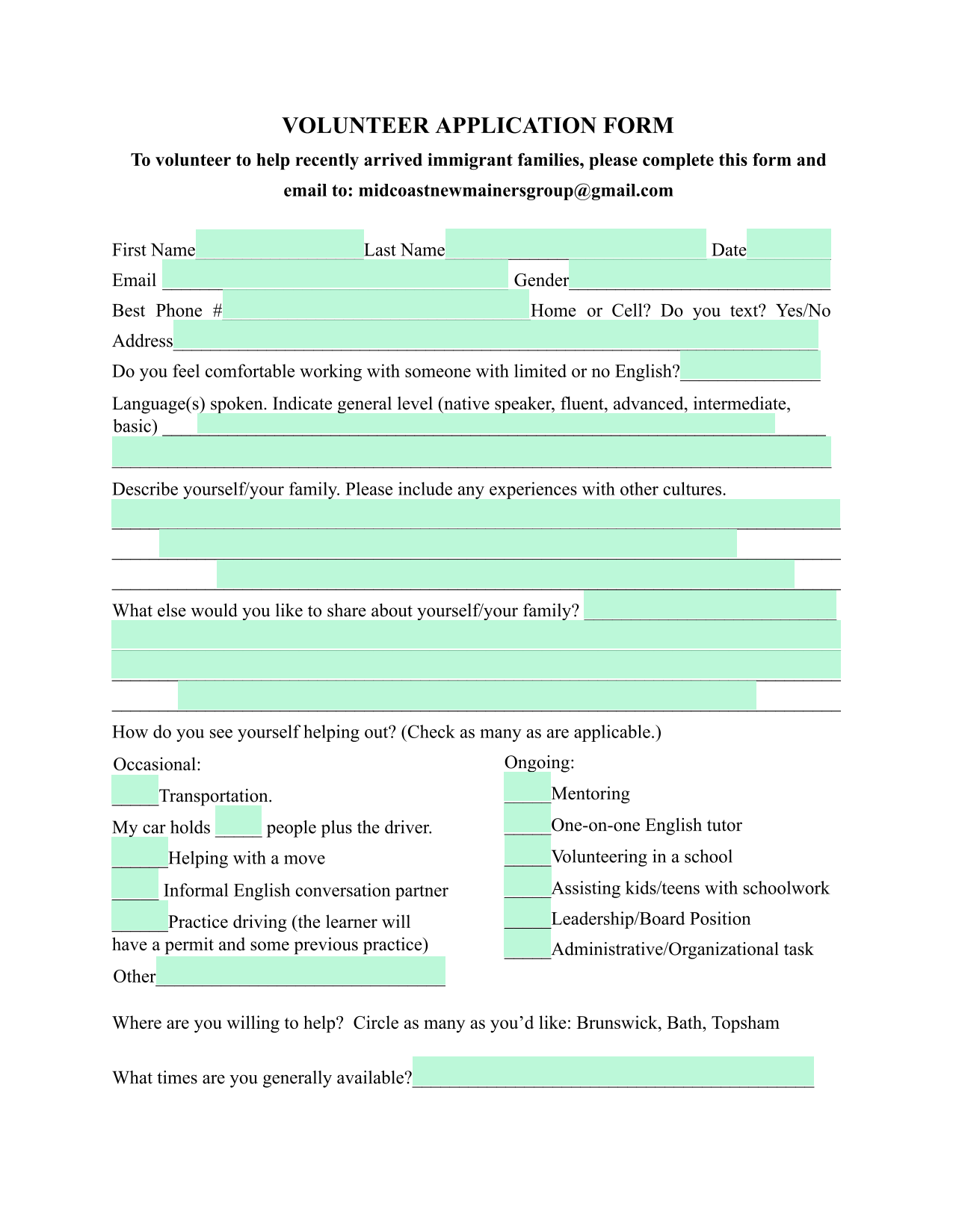 Volunteer Application Form screenshot