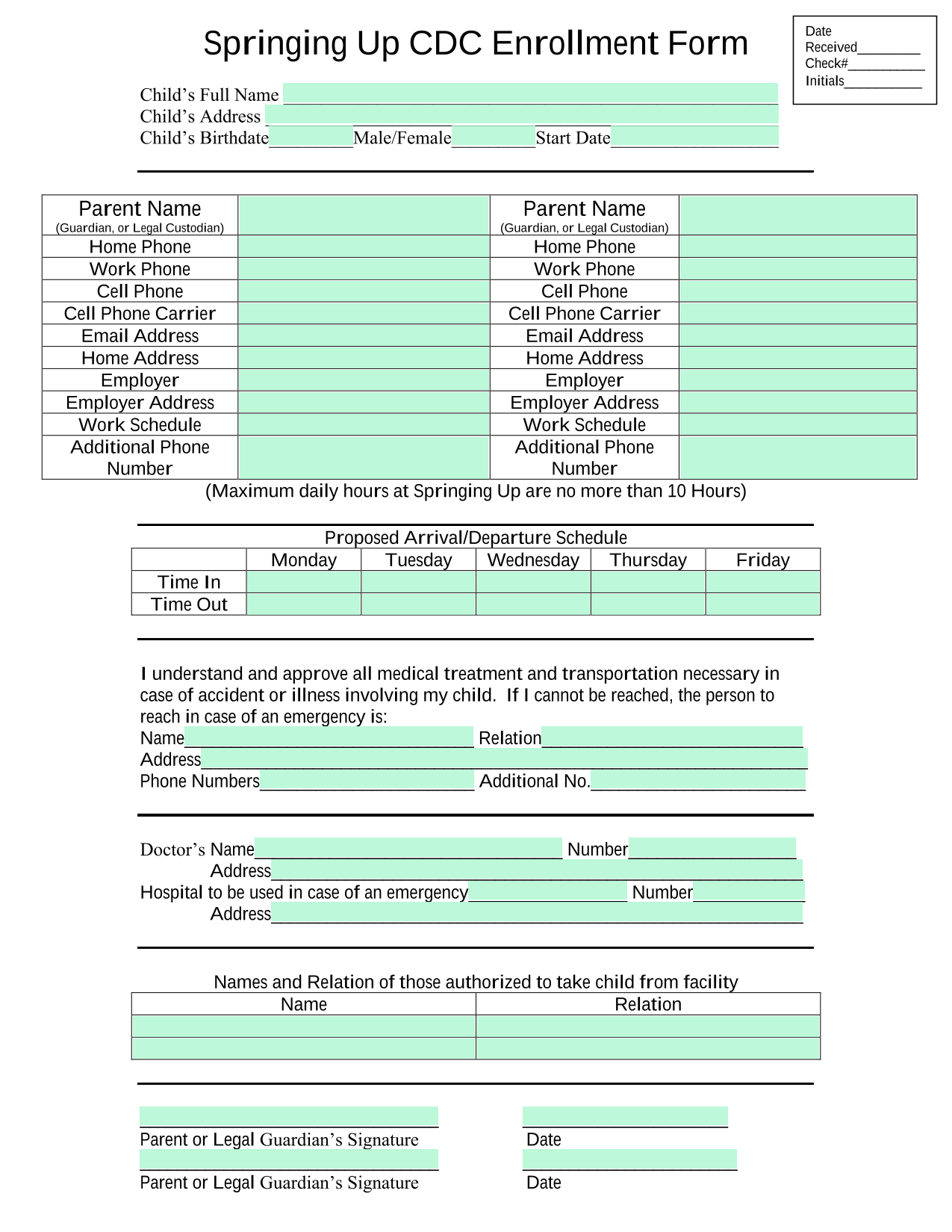 Springing Up CDC Enrollment Form screenshot