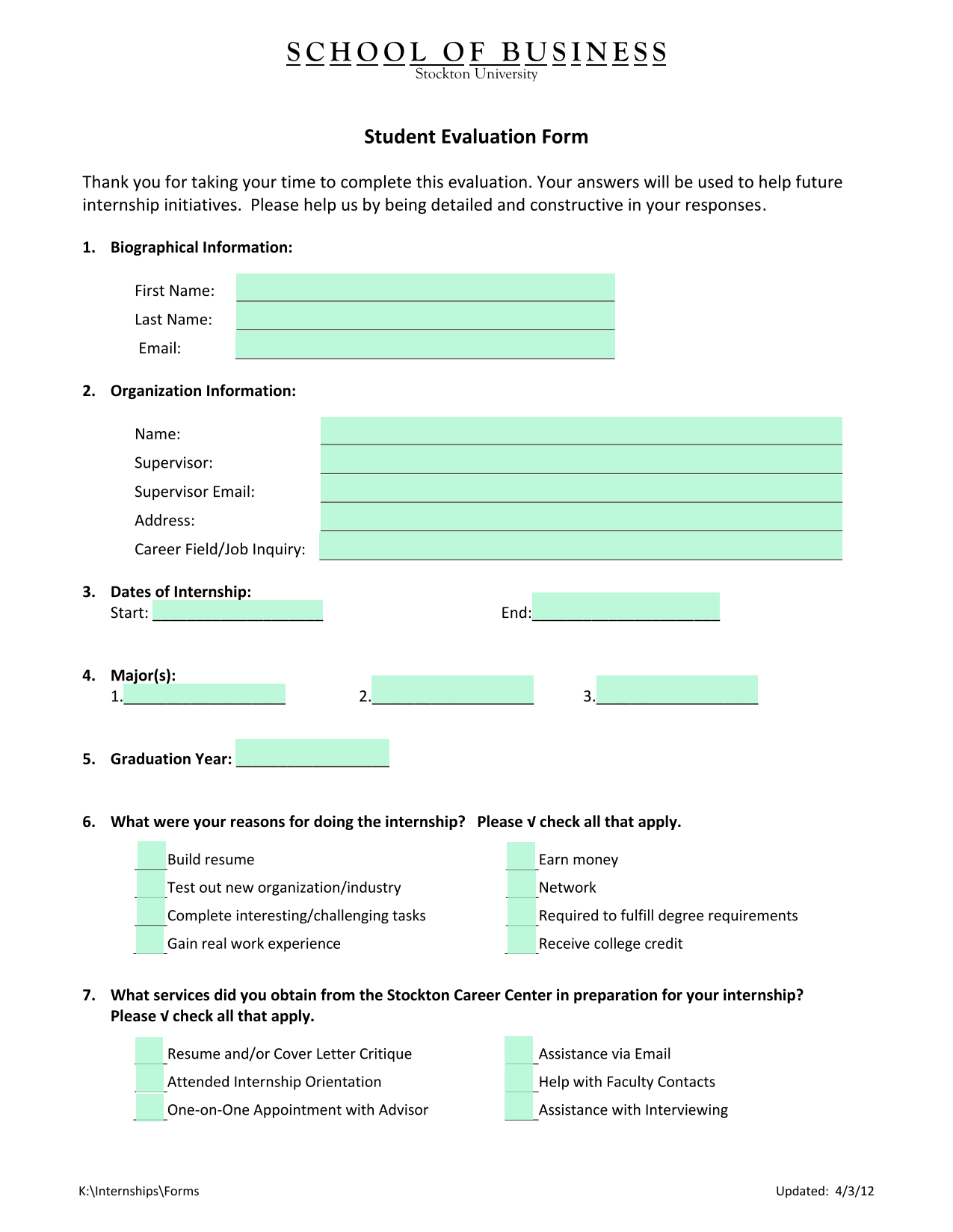 Student Evaluation Form screenshot