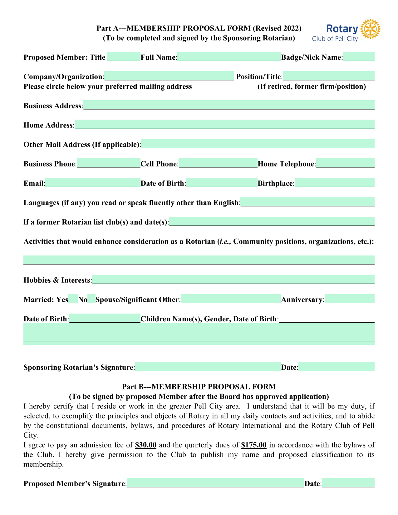 Membership Proposal Form screenshot