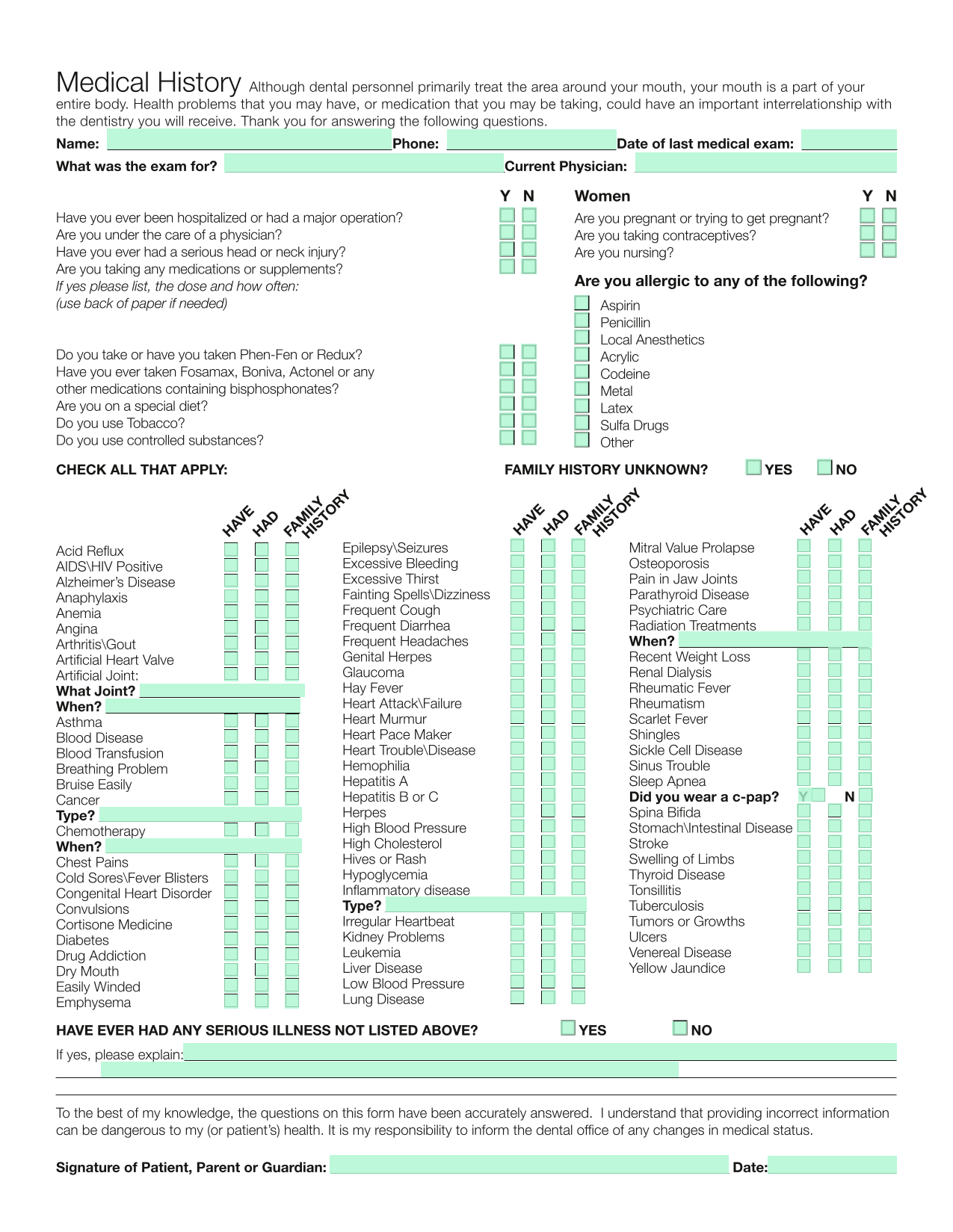 Medical History Form screenshot