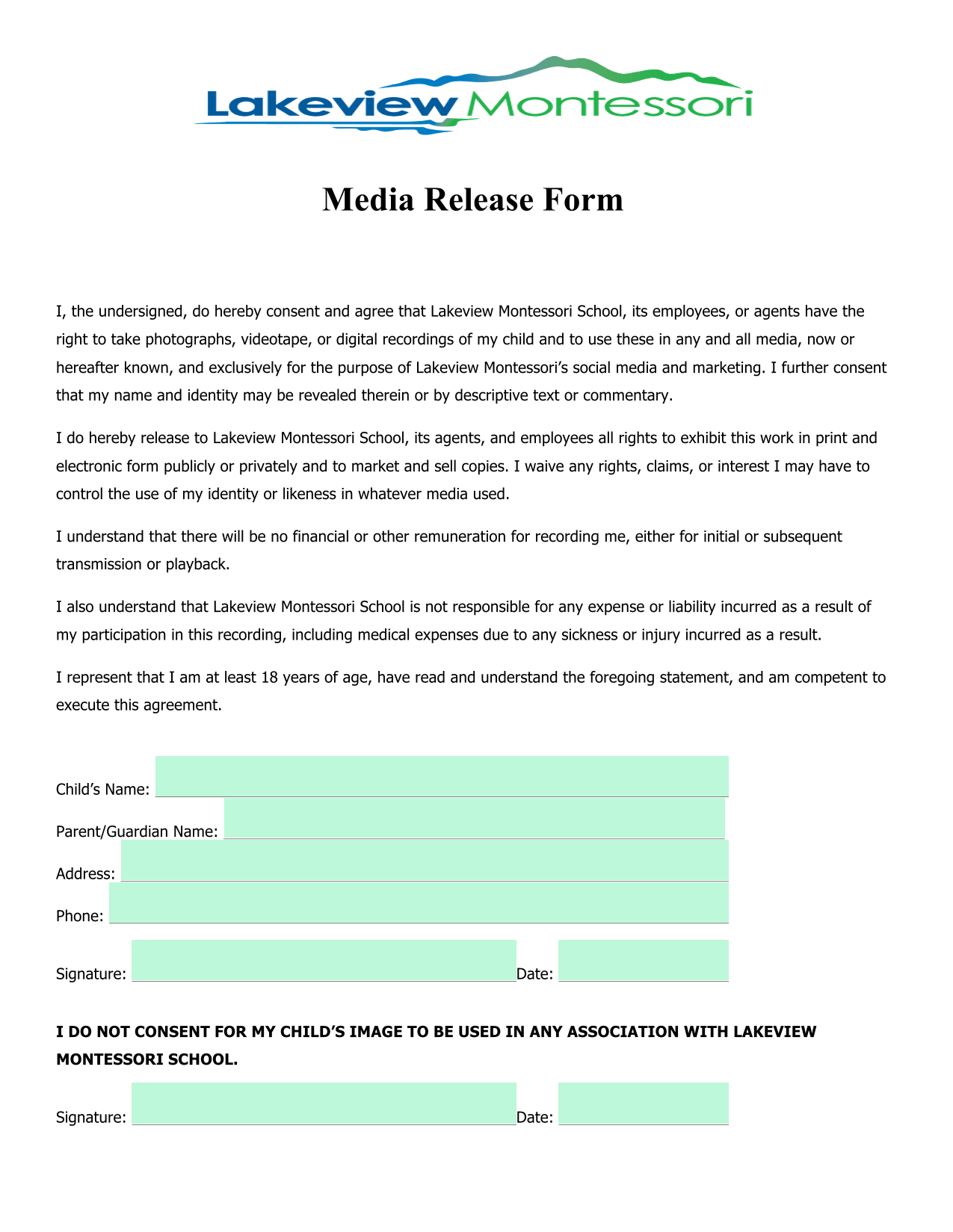 Media Release Form screenshot