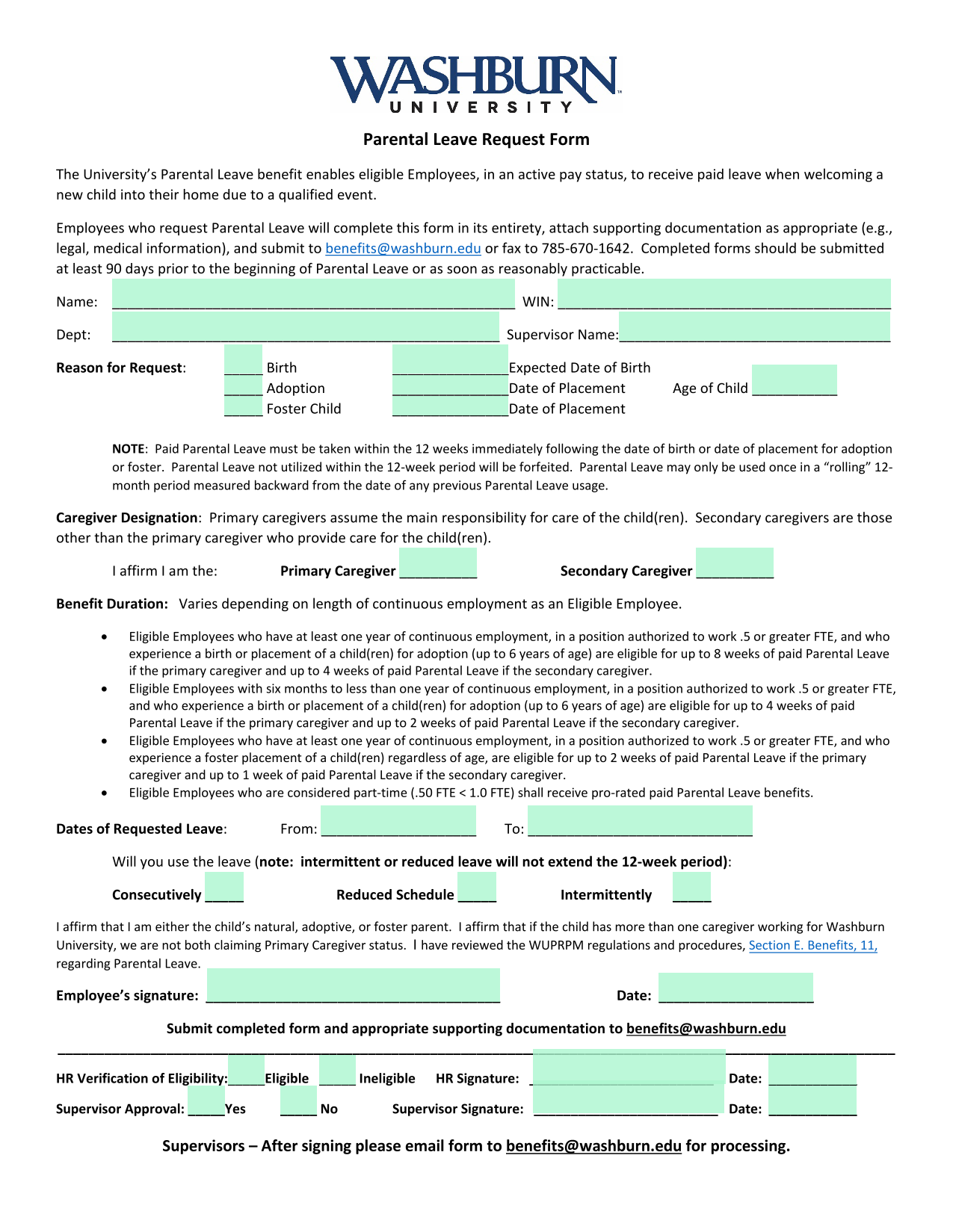Parental Leave Request Form screenshot
