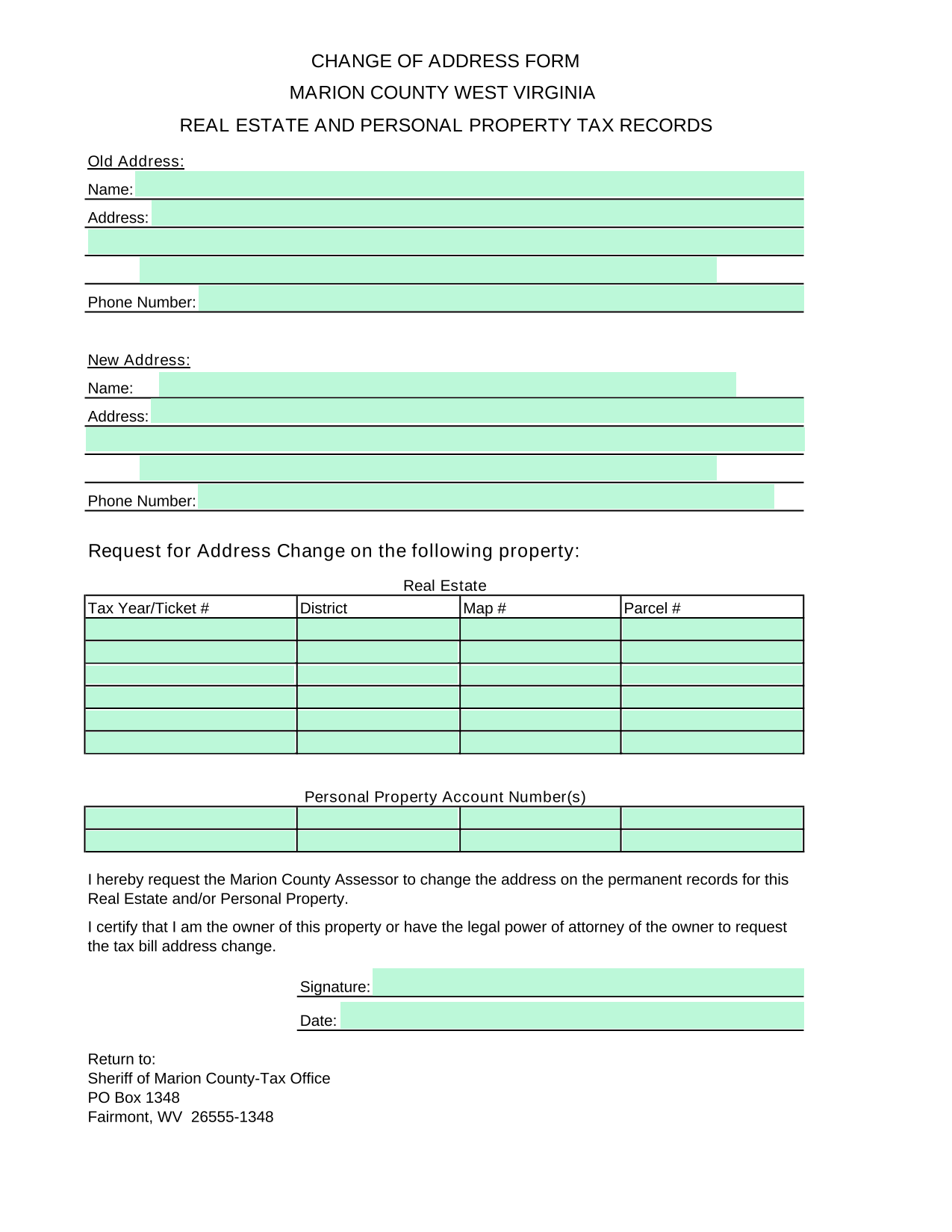 Change Of Address Form screenshot