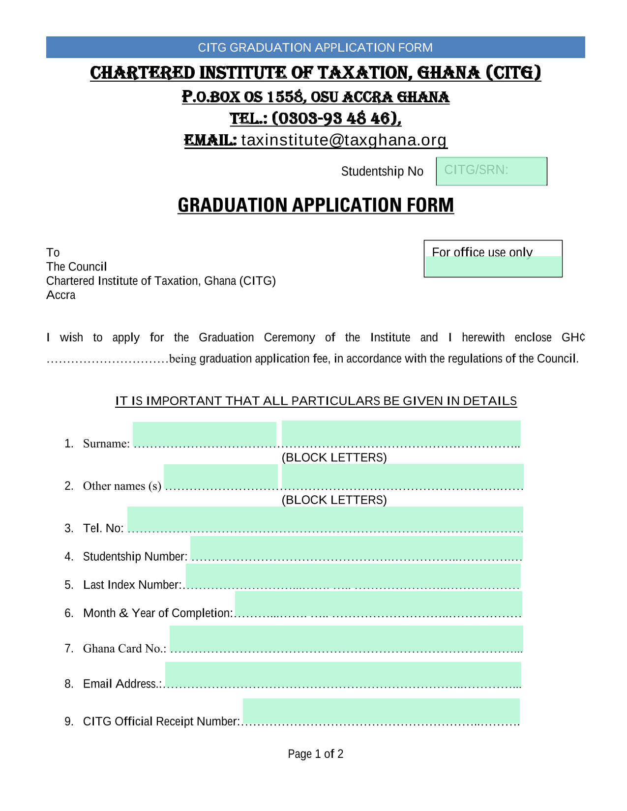 CITG Graduation Application Form screenshot