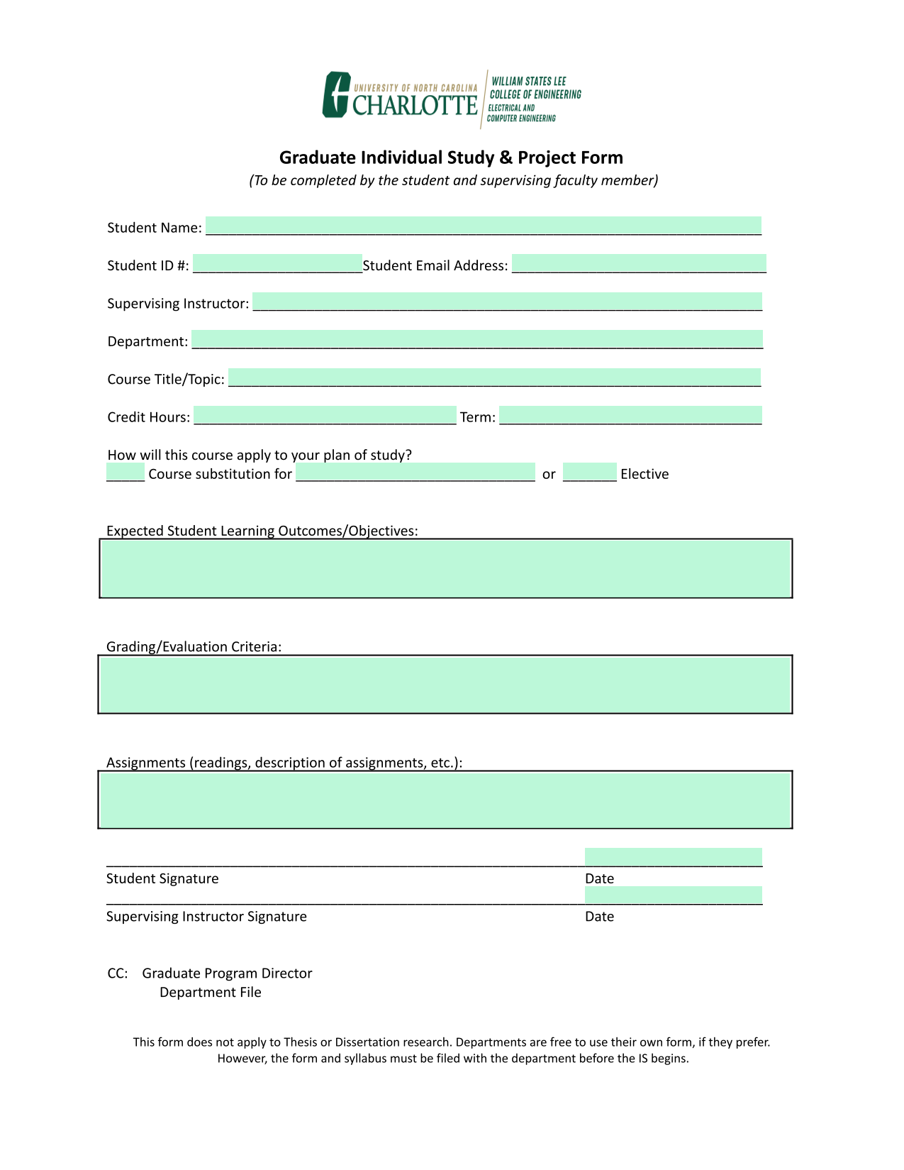Graduate Individual Study  Project Form screenshot
