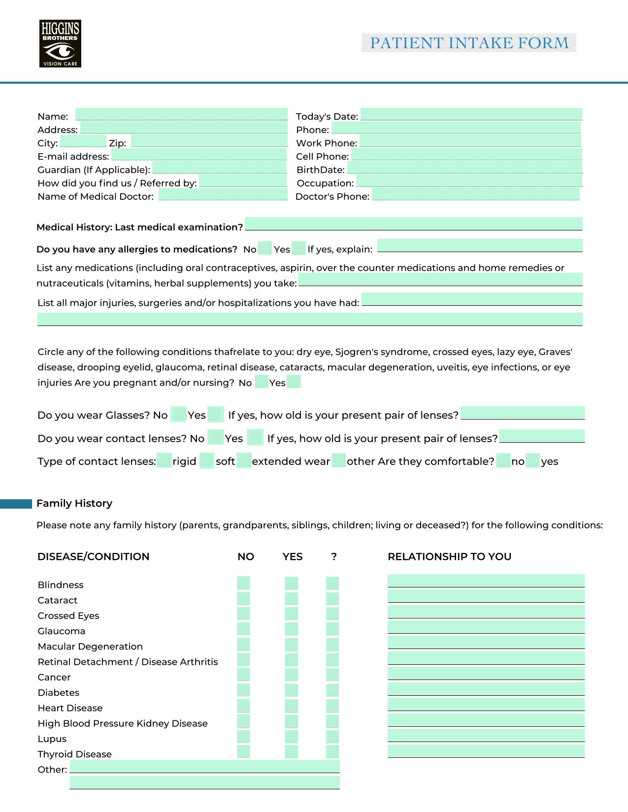 PATIENT INTAKE FORM screenshot