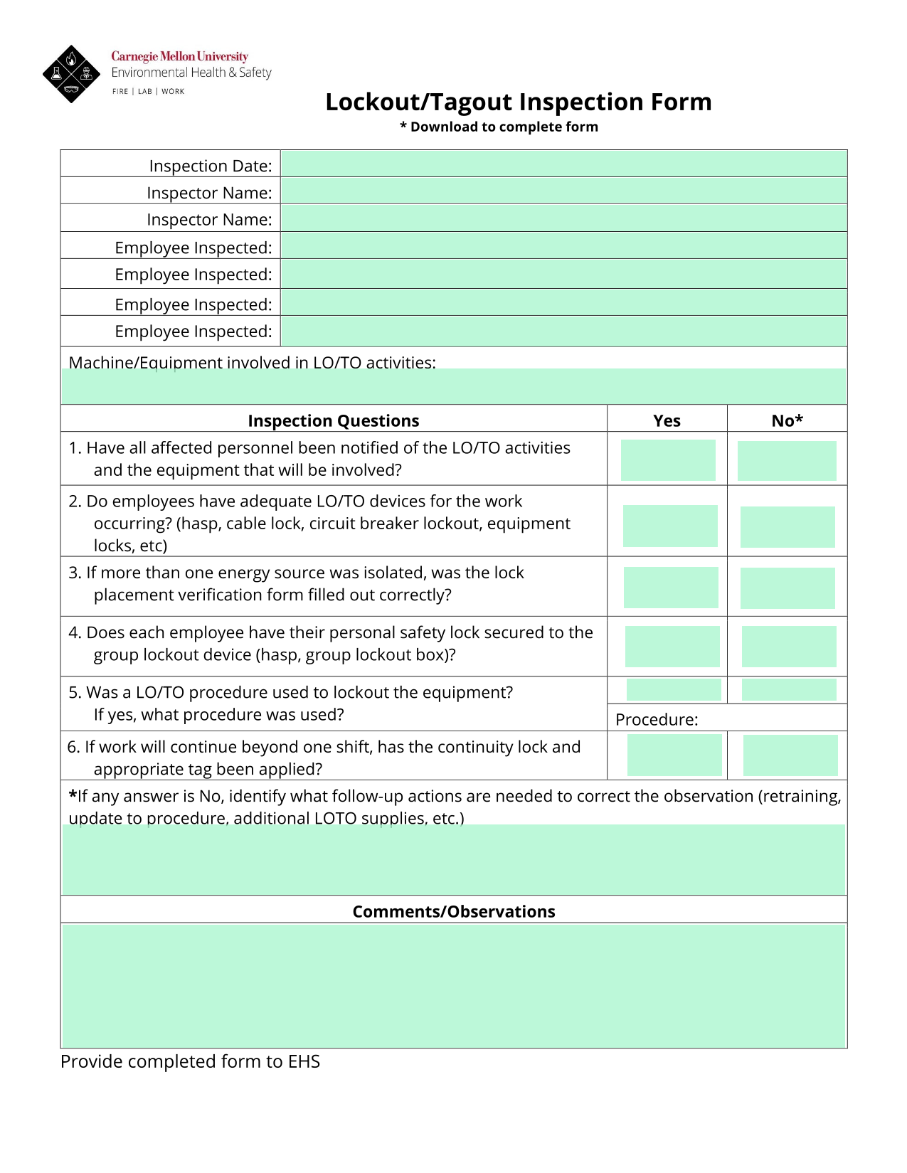 LockoutTagout Inspection Form screenshot