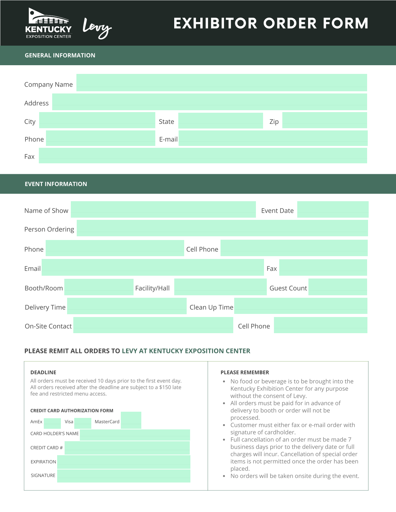 EXHIBITOR ORDER FORM screenshot