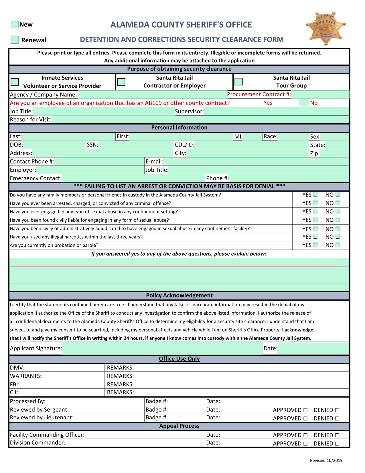ALAMEDA COUNTY SHERIFFS OFFICE DETENTION AND CORRECTIONS SECURITY CLEARANCE FORM screenshot