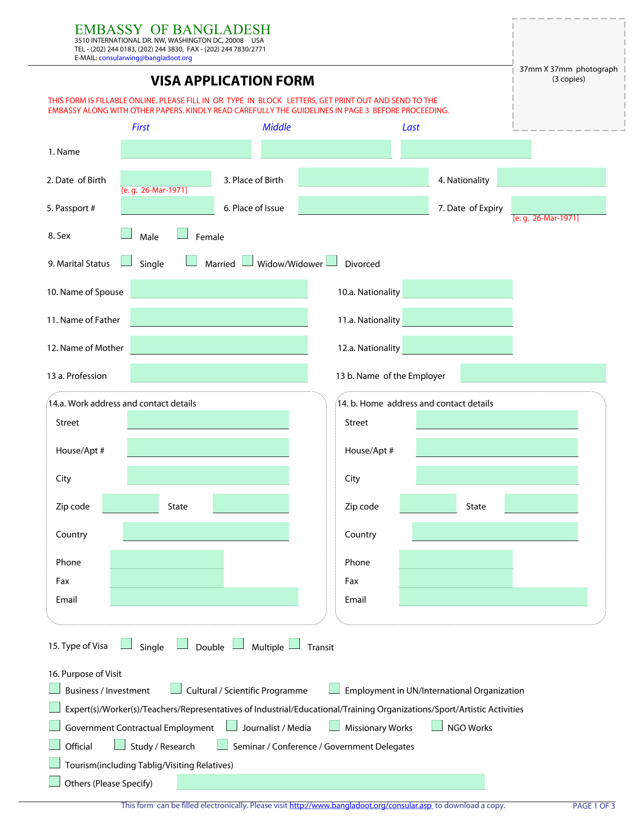 VISA APPLICATION FORM screenshot