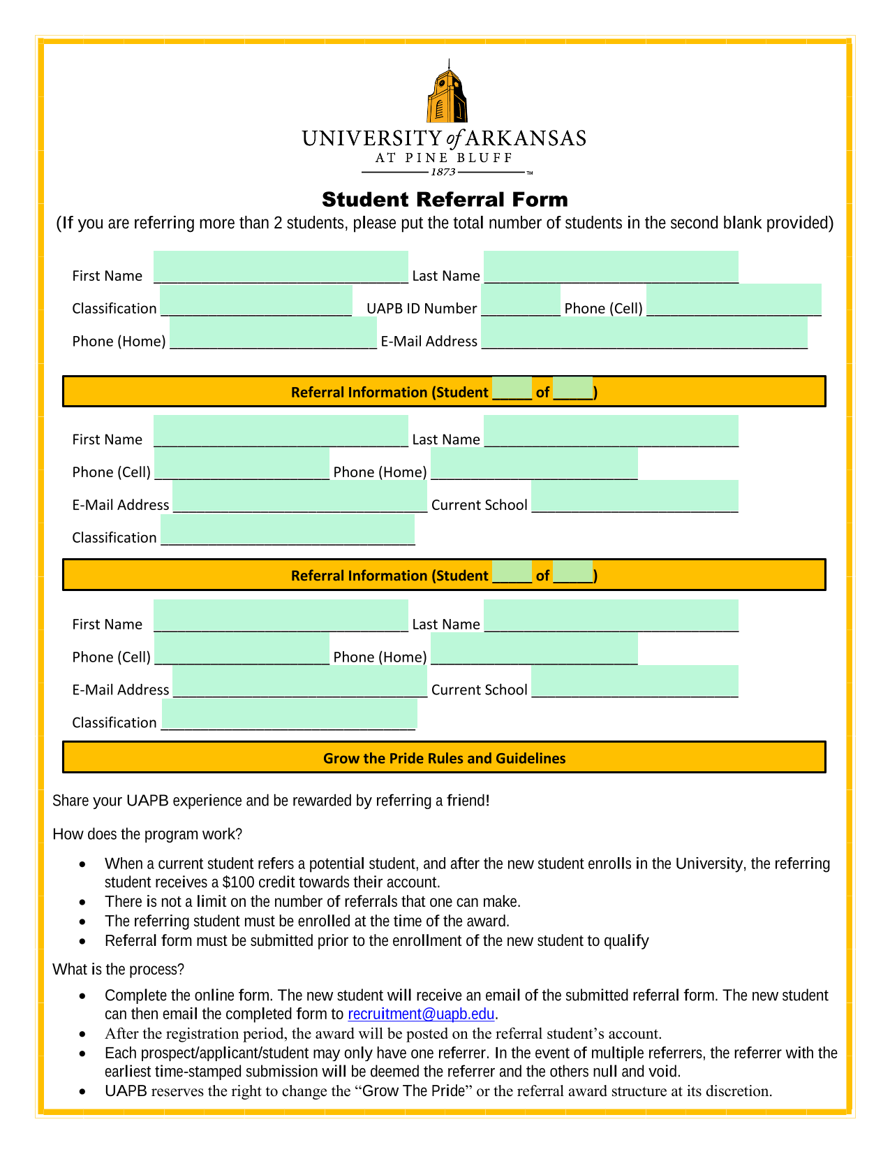 Student Referral Form screenshot