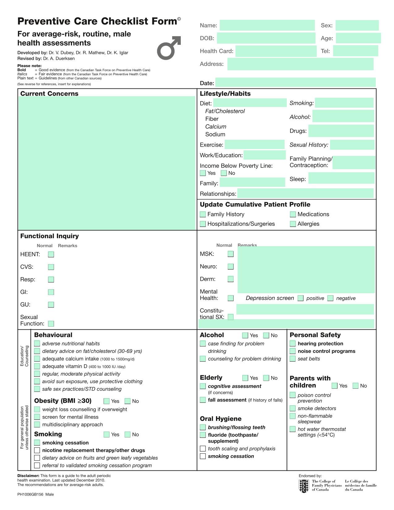 Preventive Care Checklist Form screenshot