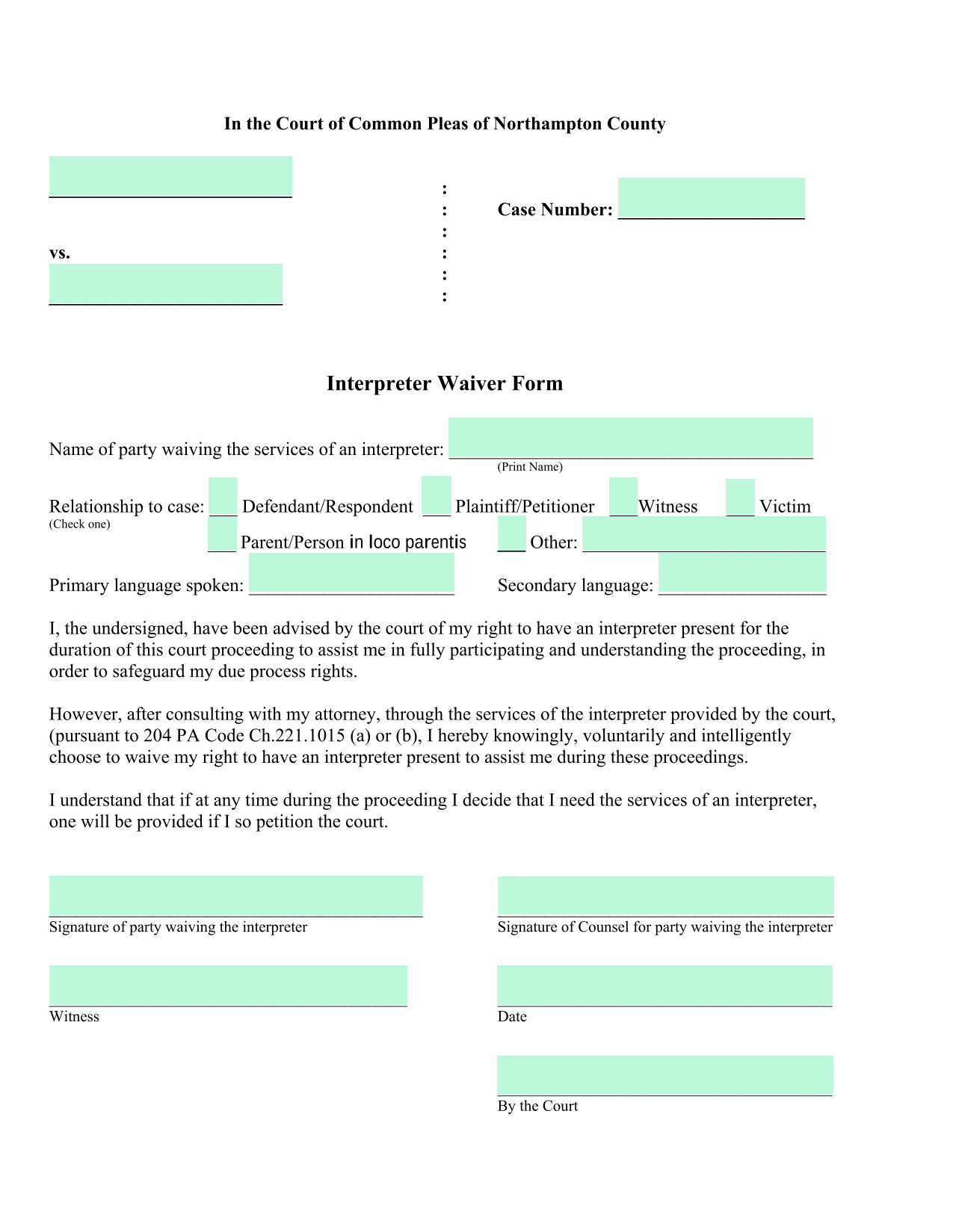 Interpreter Waiver Form screenshot