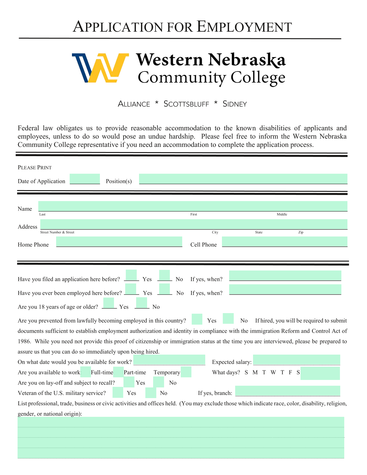 APPLICATION FOR EMPLOYMENT screenshot