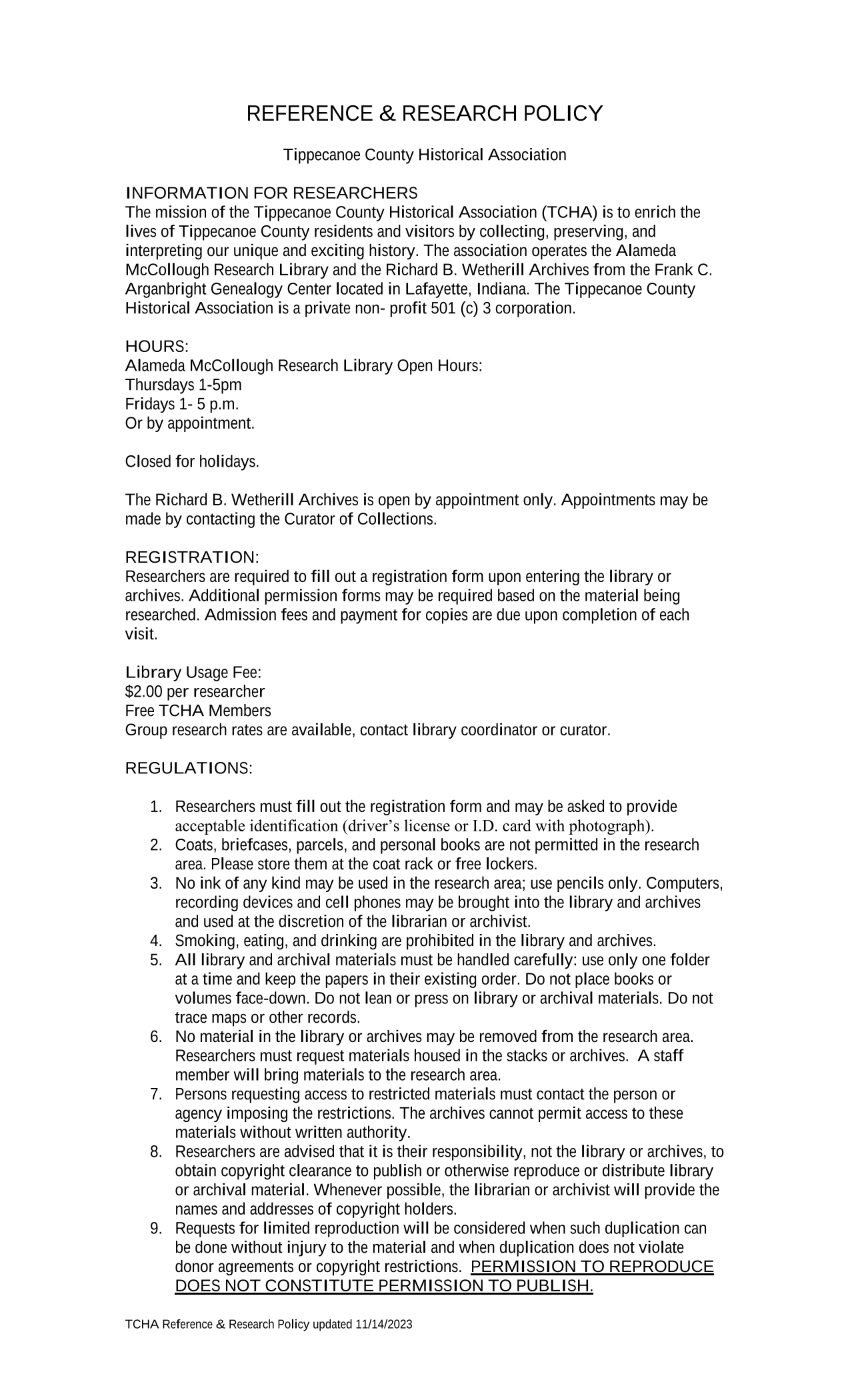 TCHA Reference  Research Policy screenshot