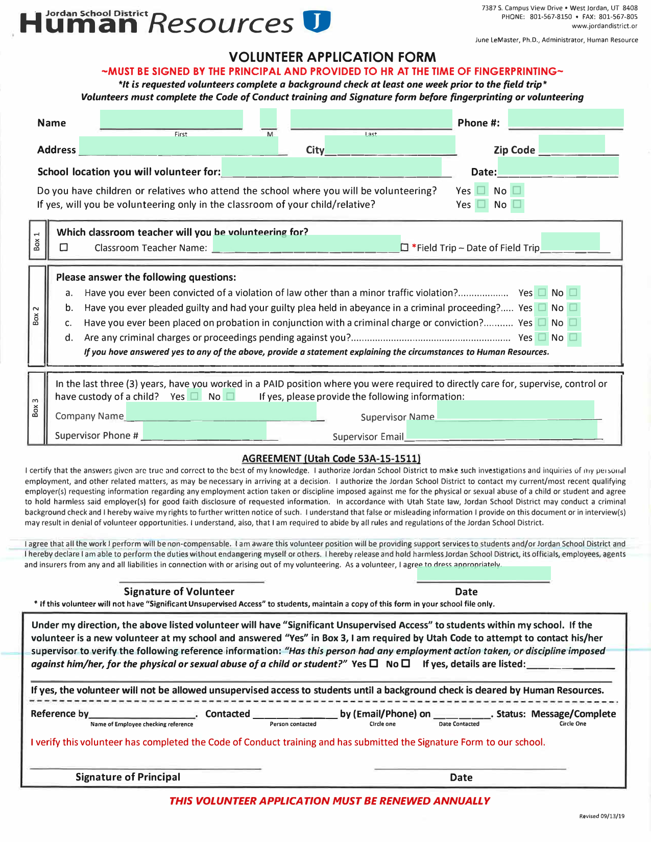 VOLUNTEER APPLICATION FORM screenshot