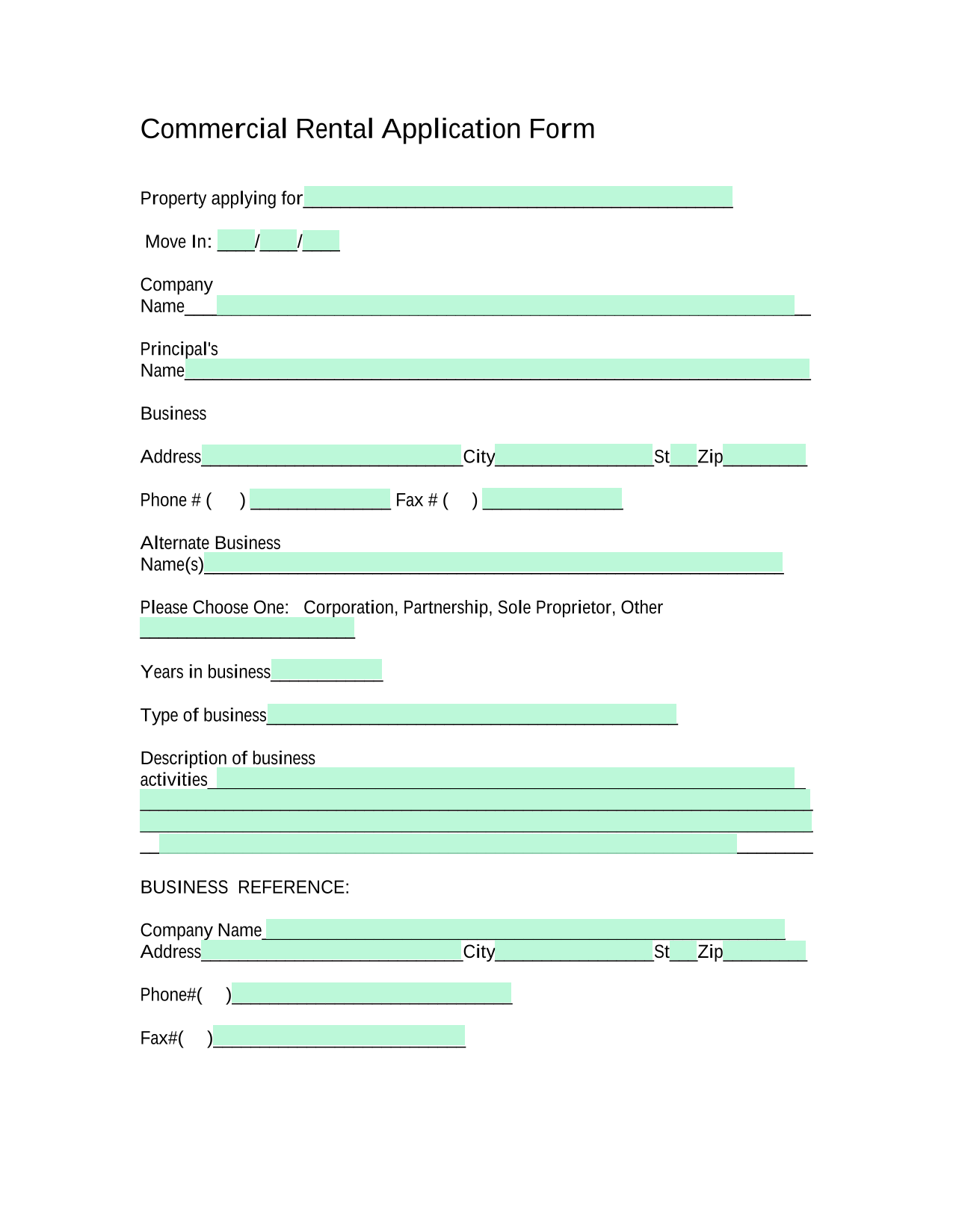 Commercial Rental Application Form screenshot